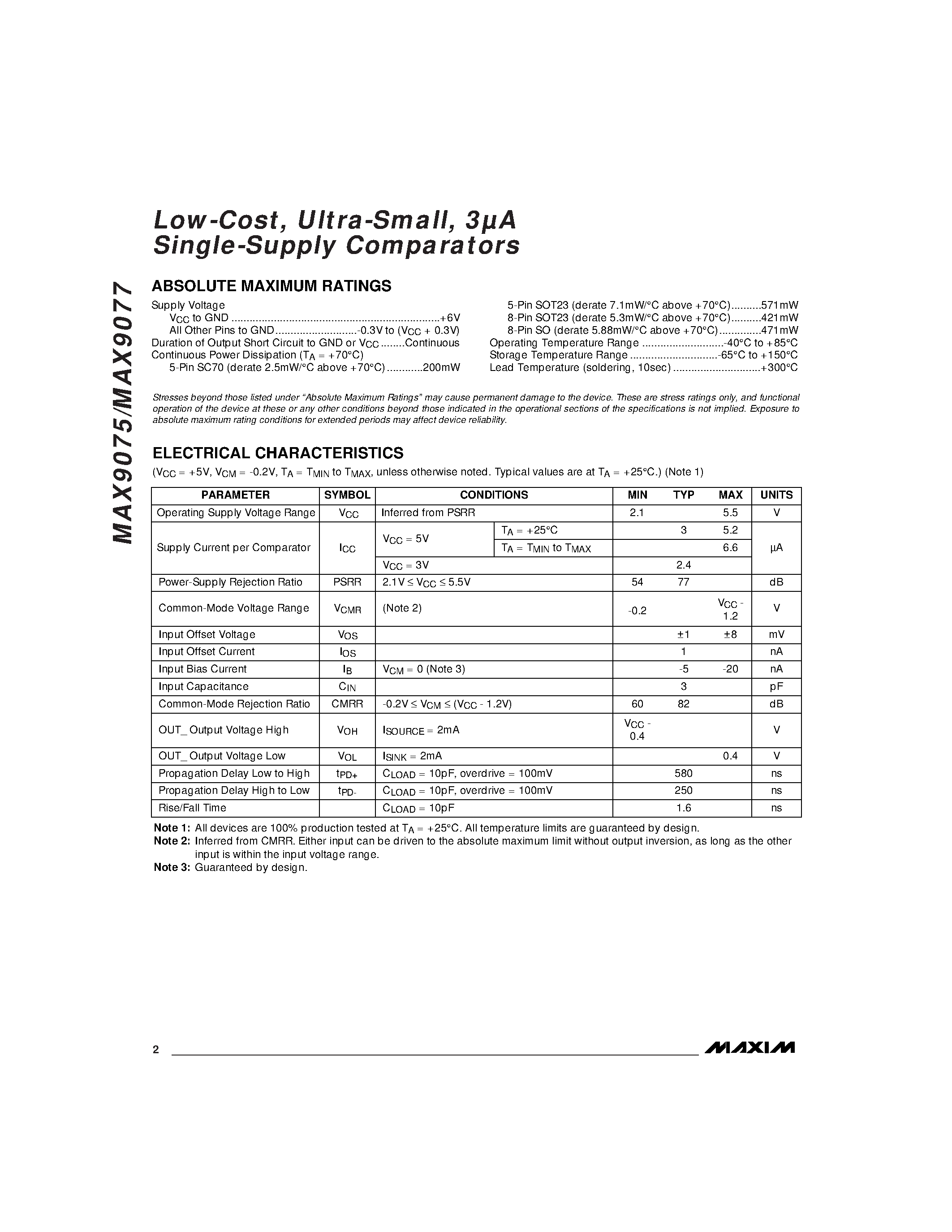 Datasheet MAX9075EXK-T - Low-Cost / Ultra-Small / 3A Single-Supply Comparators page 2