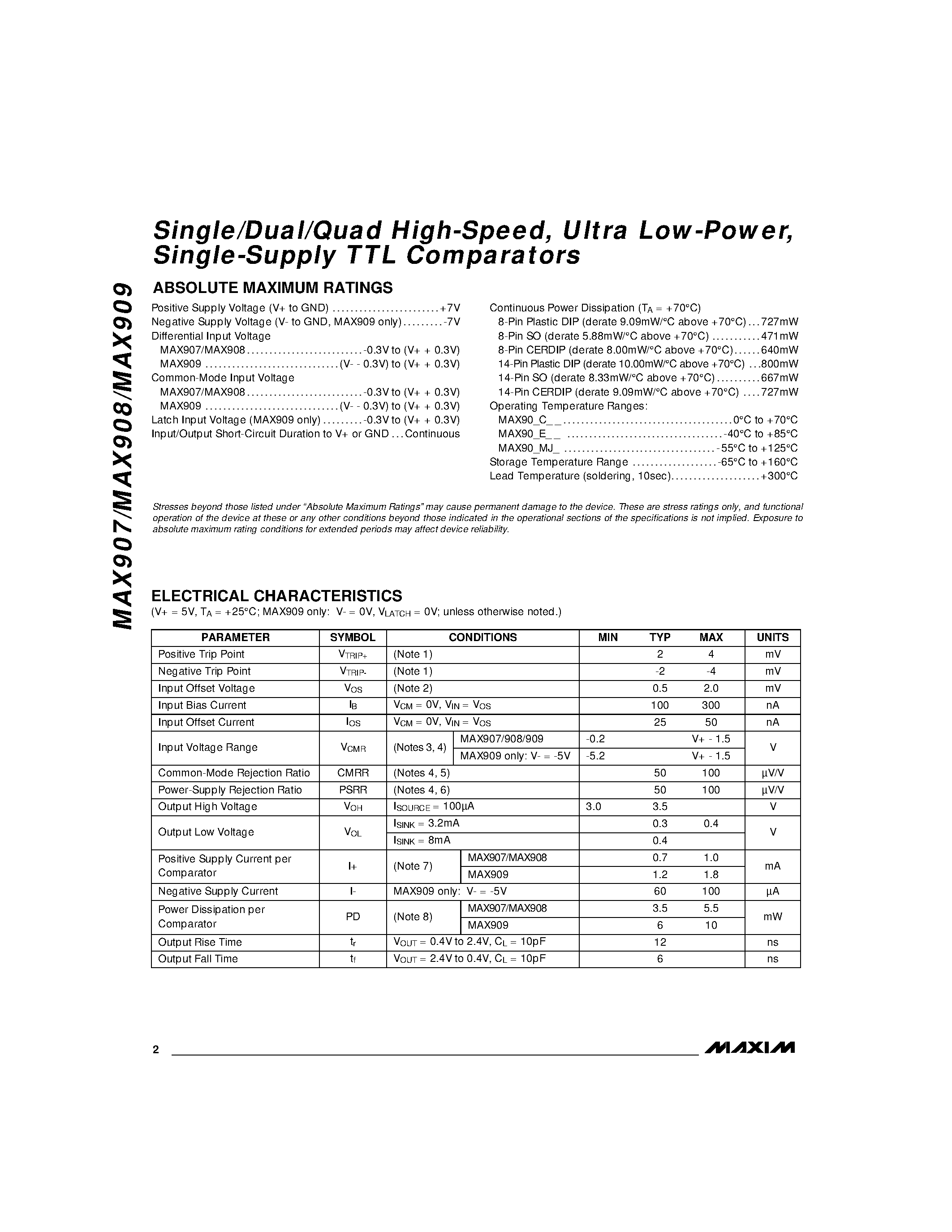 Datasheet MAX909 page 2 Datasheet MAX909 - Single/Dual/Quad High-Speed / Ultra Low-Power / Single-Supply TTL Comparators page 2