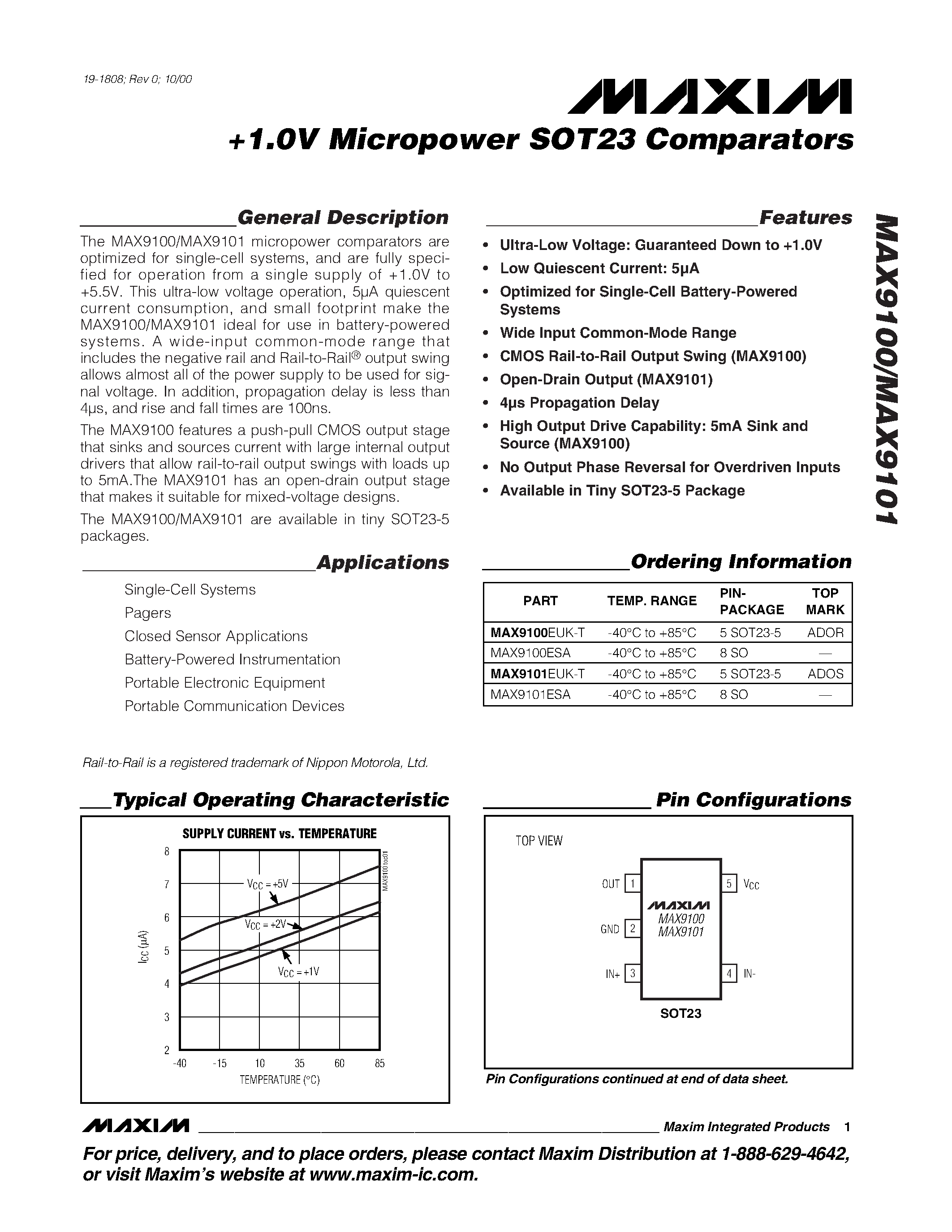 Datasheet MAX9100ESA - +1.0V Micropower SOT23 Comparators page 1