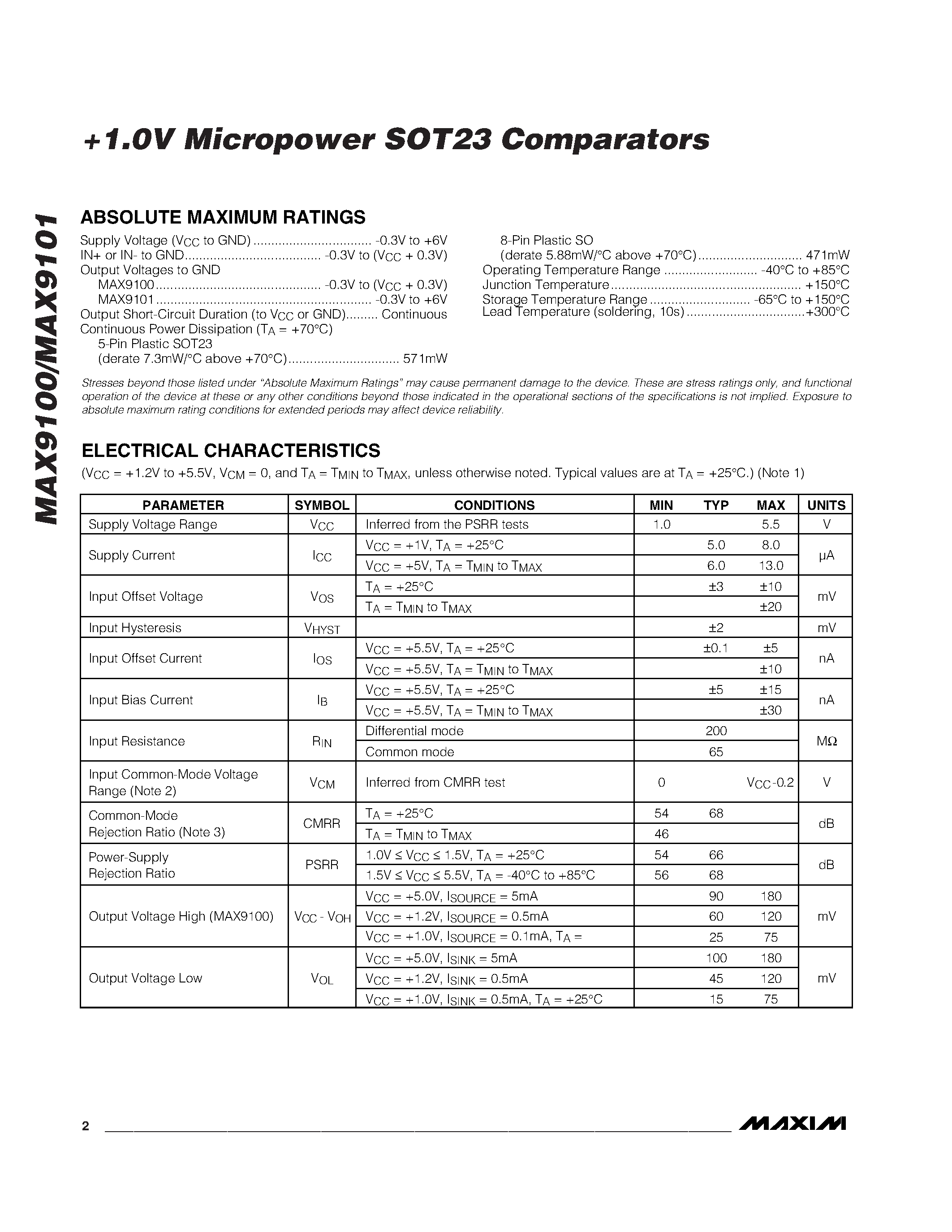 Datasheet MAX9101EUK-T page 2 Datasheet MAX9101EUK-T - +1.0V Micropower SOT23 Comparators page 2