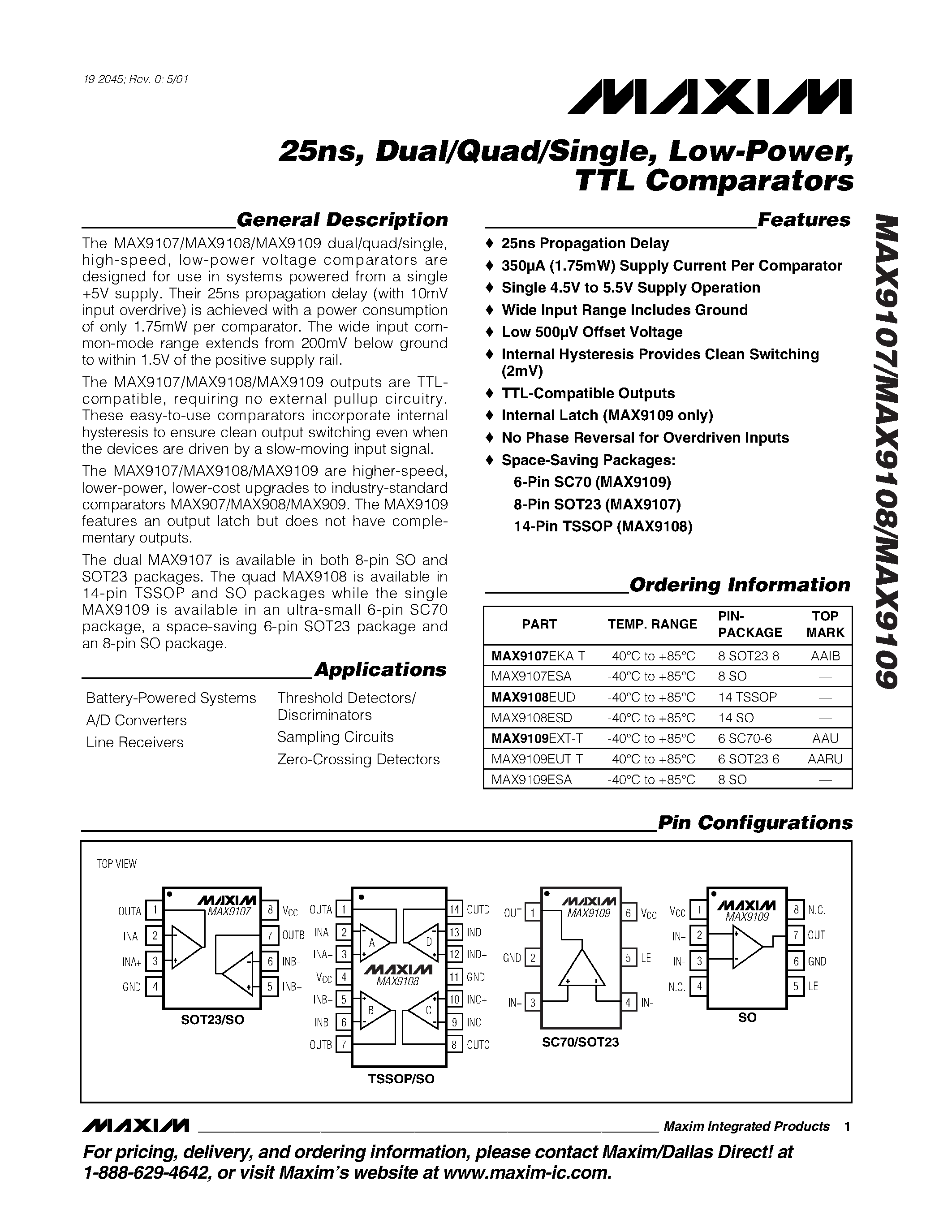 Даташит MAX9107EKA-T - 25ns / Dual/Quad/Single / Low-Power / TTL Comparators страница 1