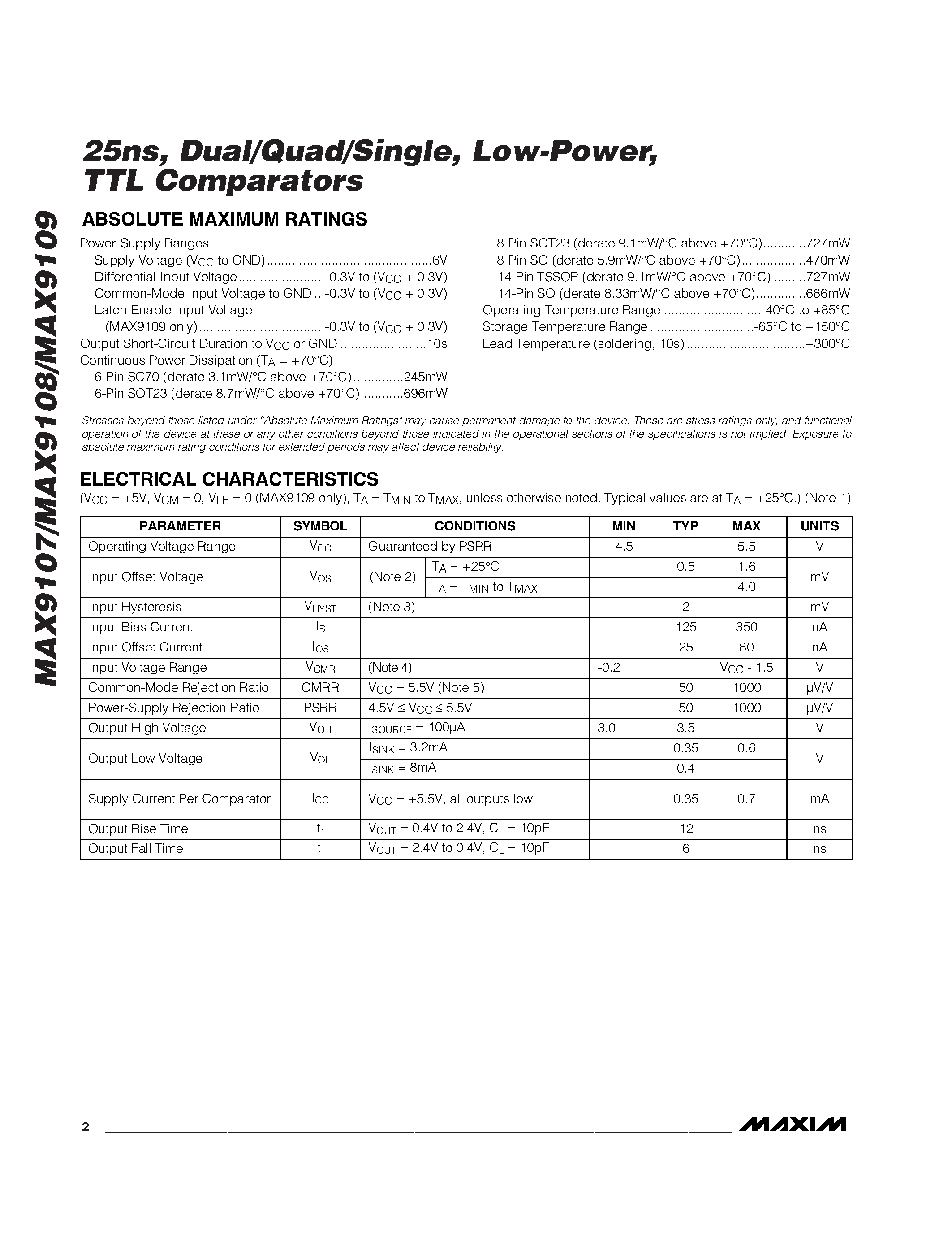 Даташит MAX9107EKA-T - 25ns / Dual/Quad/Single / Low-Power / TTL Comparators страница 2