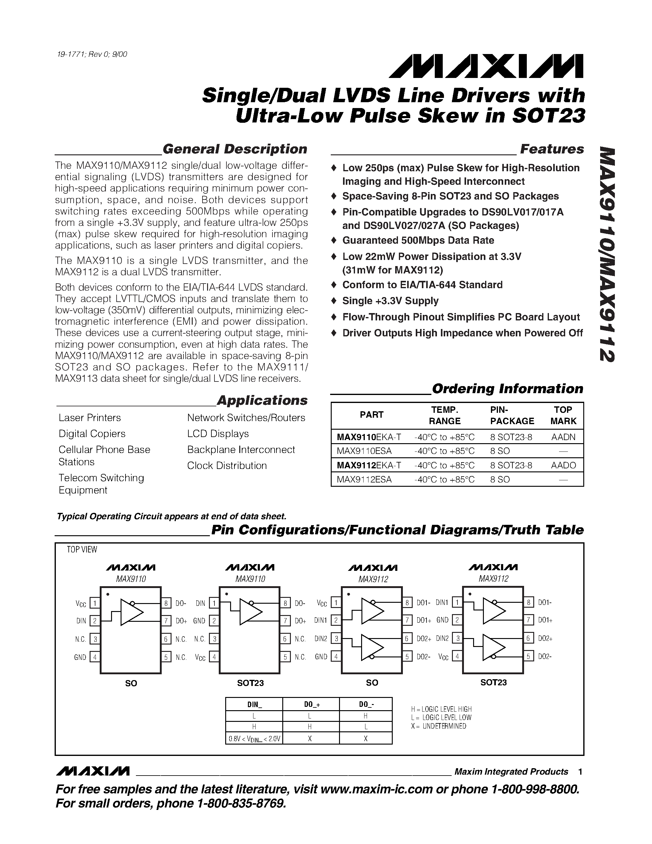 Datasheet MAX9110EKA-T - Single/Dual LVDS Line Drivers with Ultra-Low Pulse Skew in SOT23 page 1