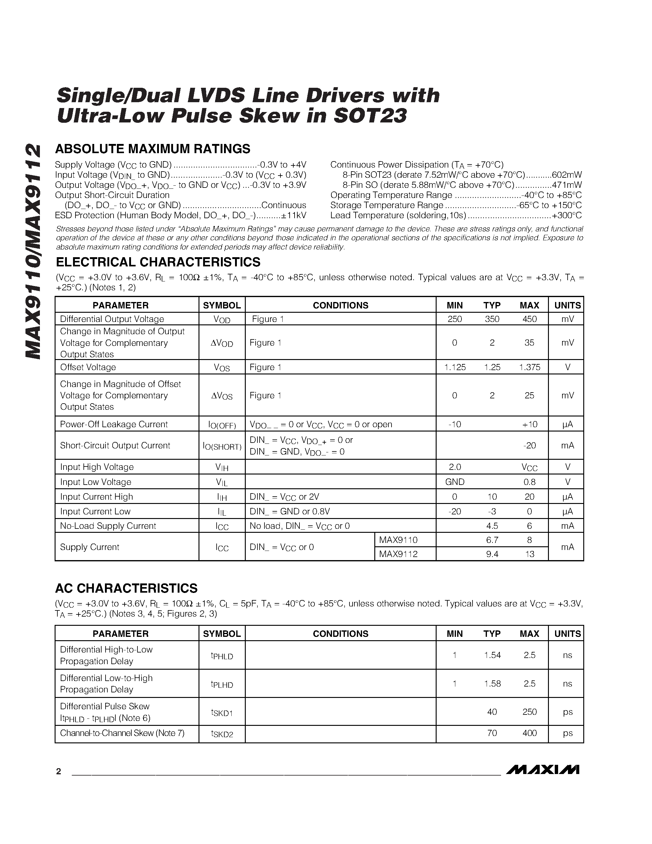 Datasheet MAX9110EKA-T - Single/Dual LVDS Line Drivers with Ultra-Low Pulse Skew in SOT23 page 2