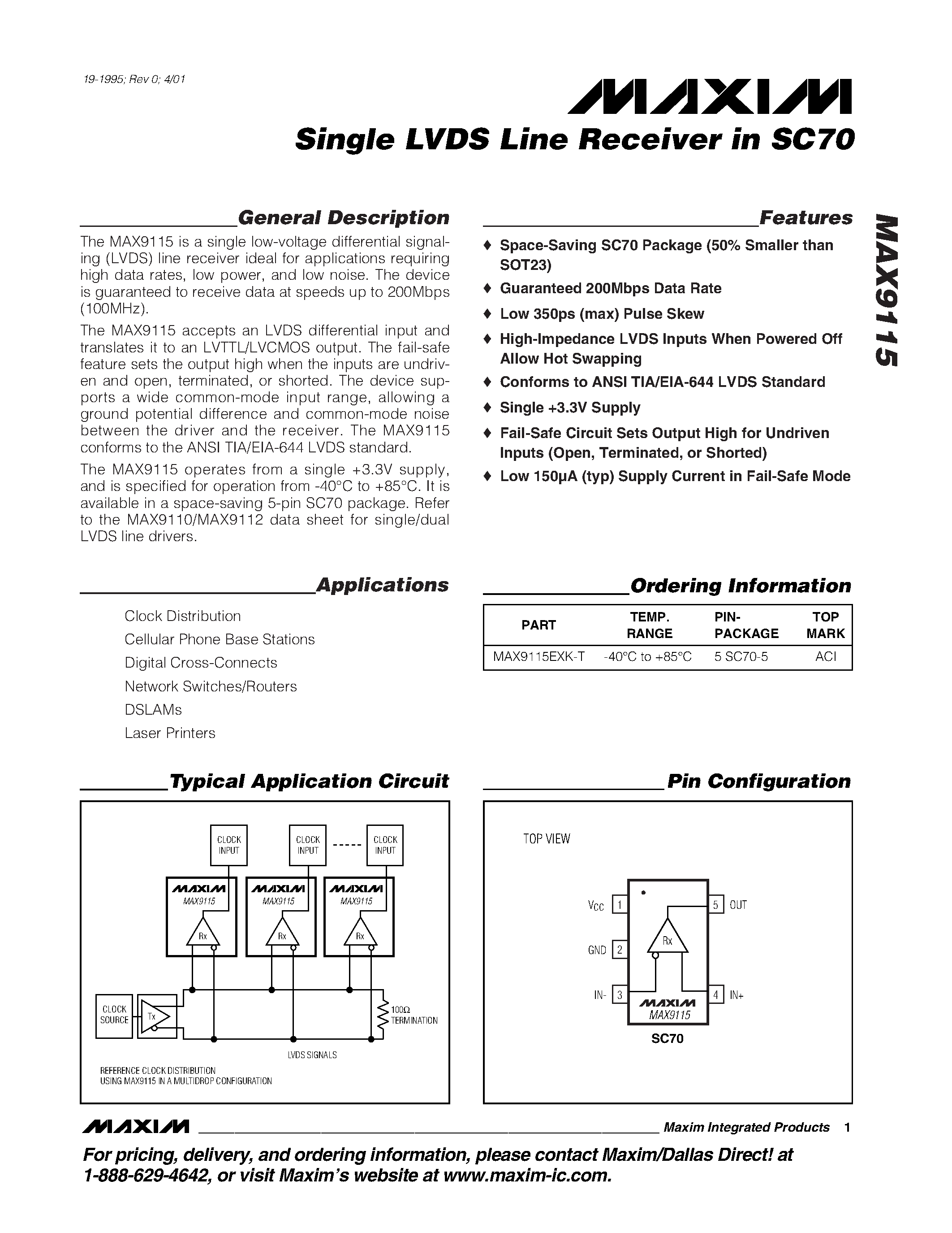 Datasheet MAX9115EXK-T - Single LVDS Line Receiver in SC70 page 1