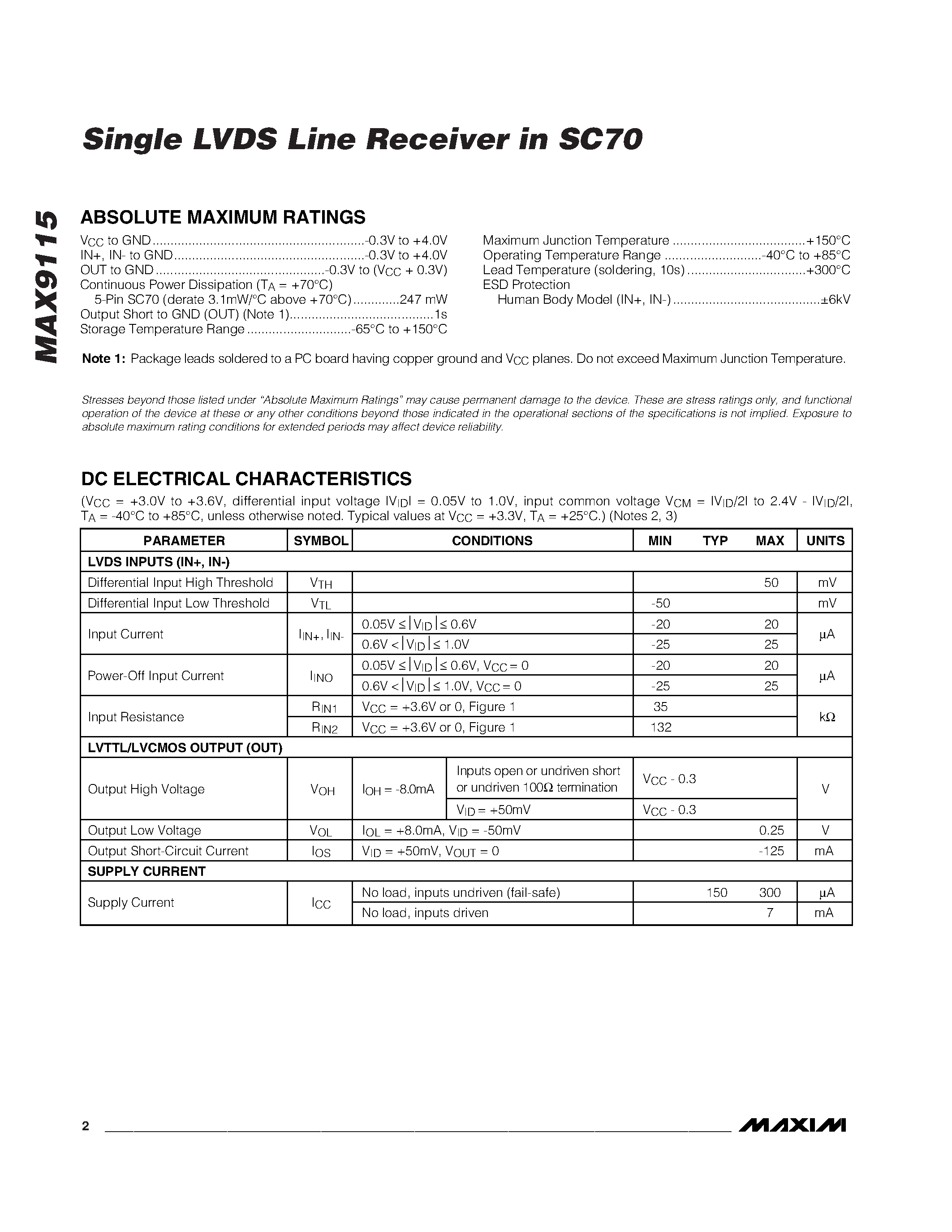 Datasheet MAX9115EXK-T - Single LVDS Line Receiver in SC70 page 2