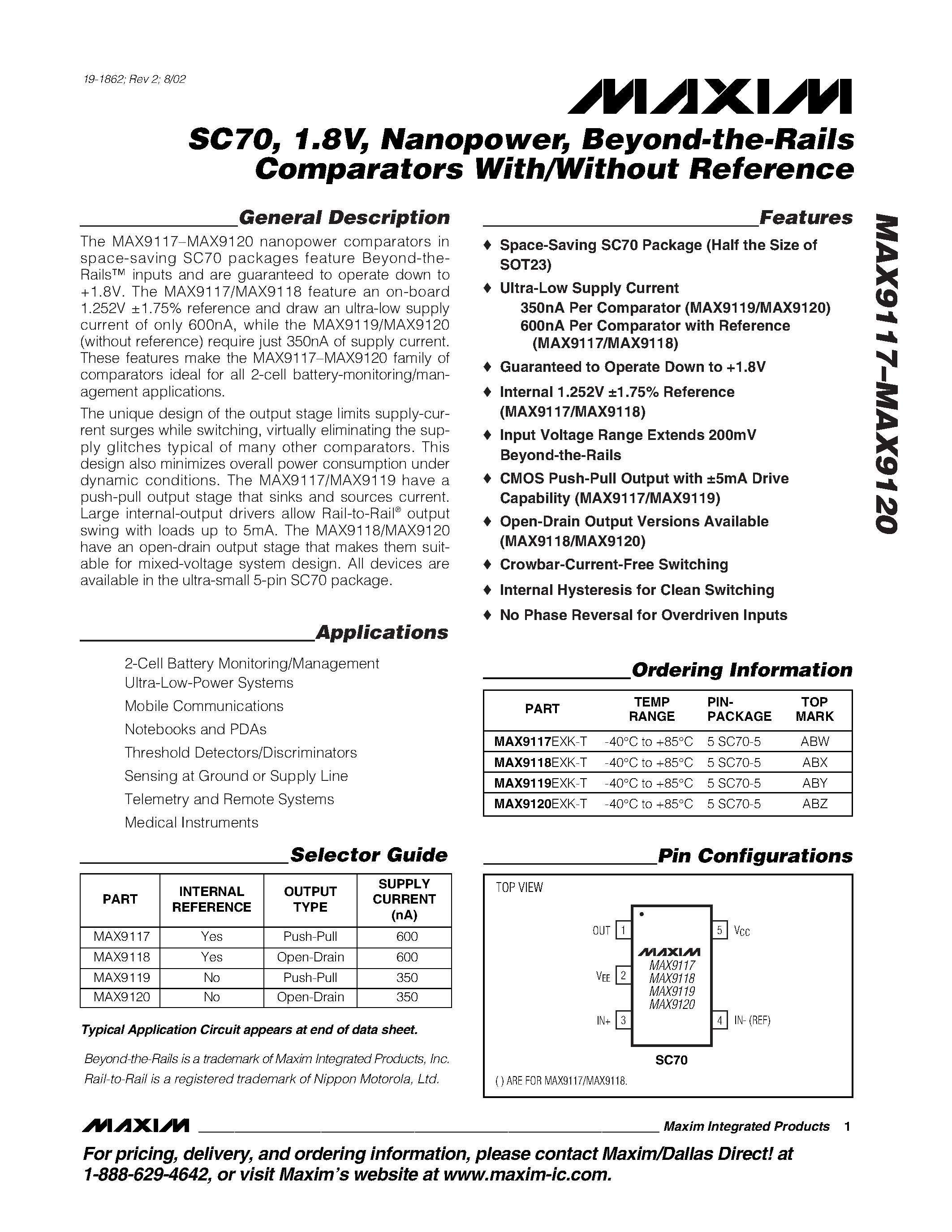 Datasheet MAX9119EXK - SC70 / 1.8V / Nanopower / Beyond-the-Rails Comparators With/Without Reference page 1