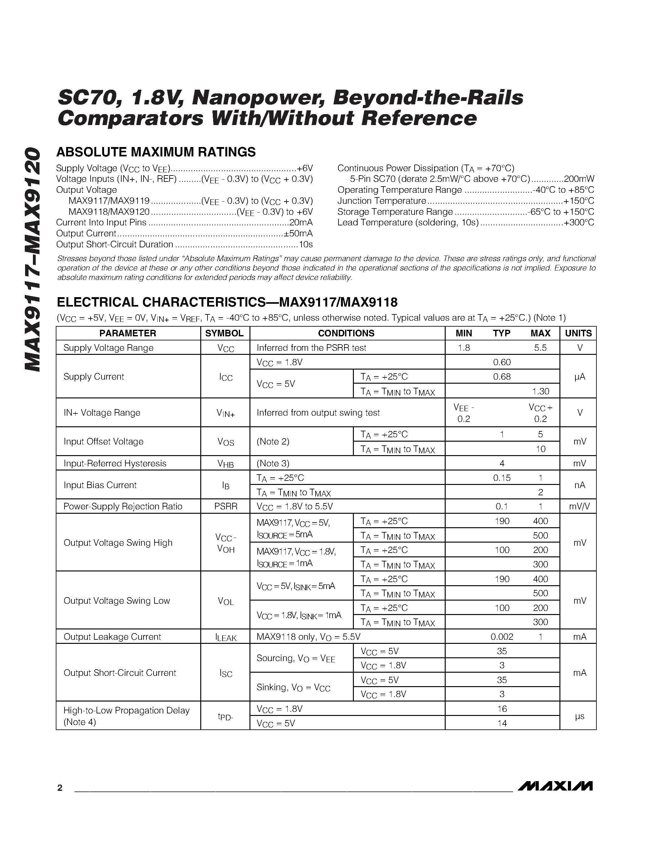 Datasheet MAX9119EXK - SC70 / 1.8V / Nanopower / Beyond-the-Rails Comparators With/Without Reference page 2