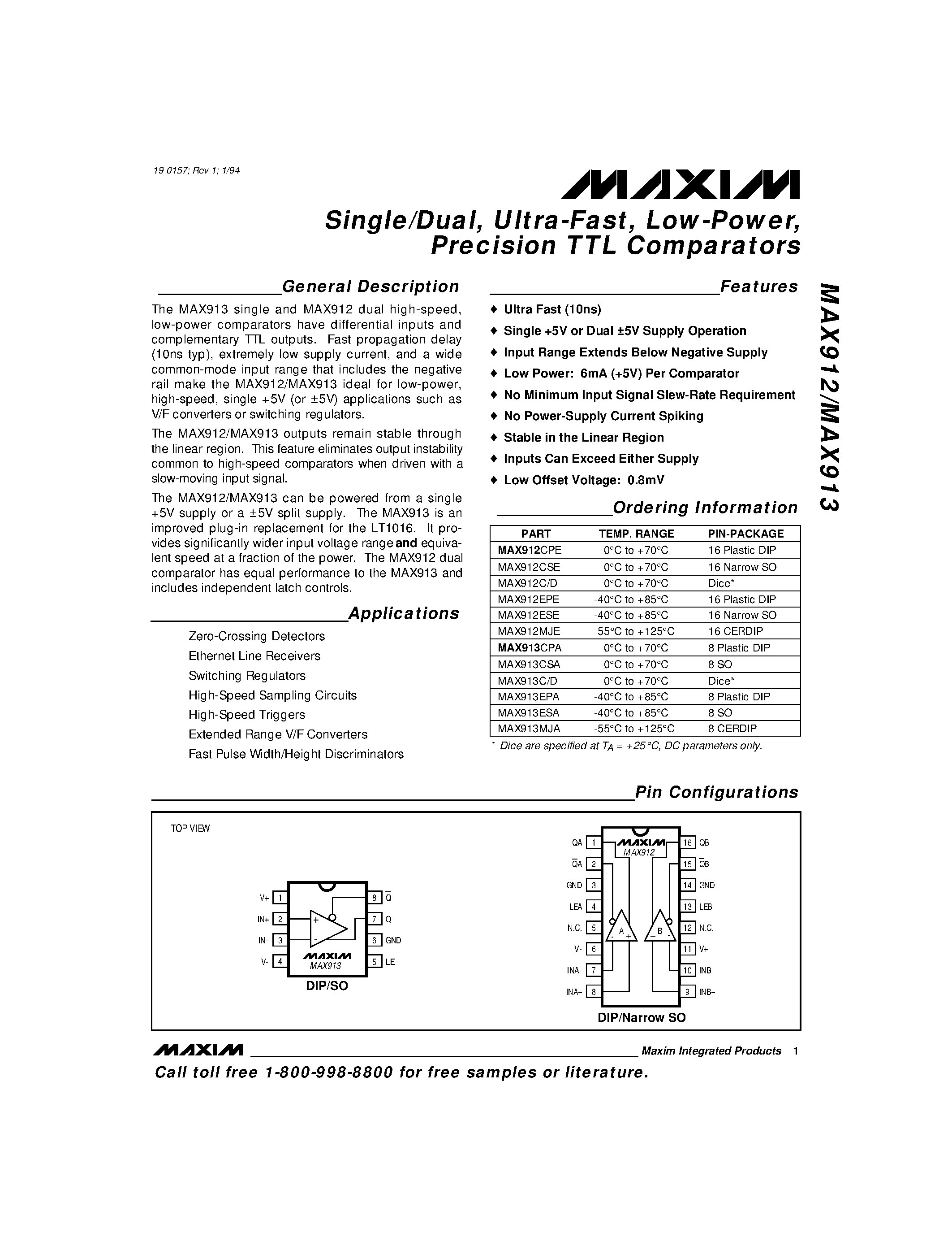 Datasheet MAX913 - Single/Dual / Ultra-Fast / Low-Power / Precision TTL Comparators page 1