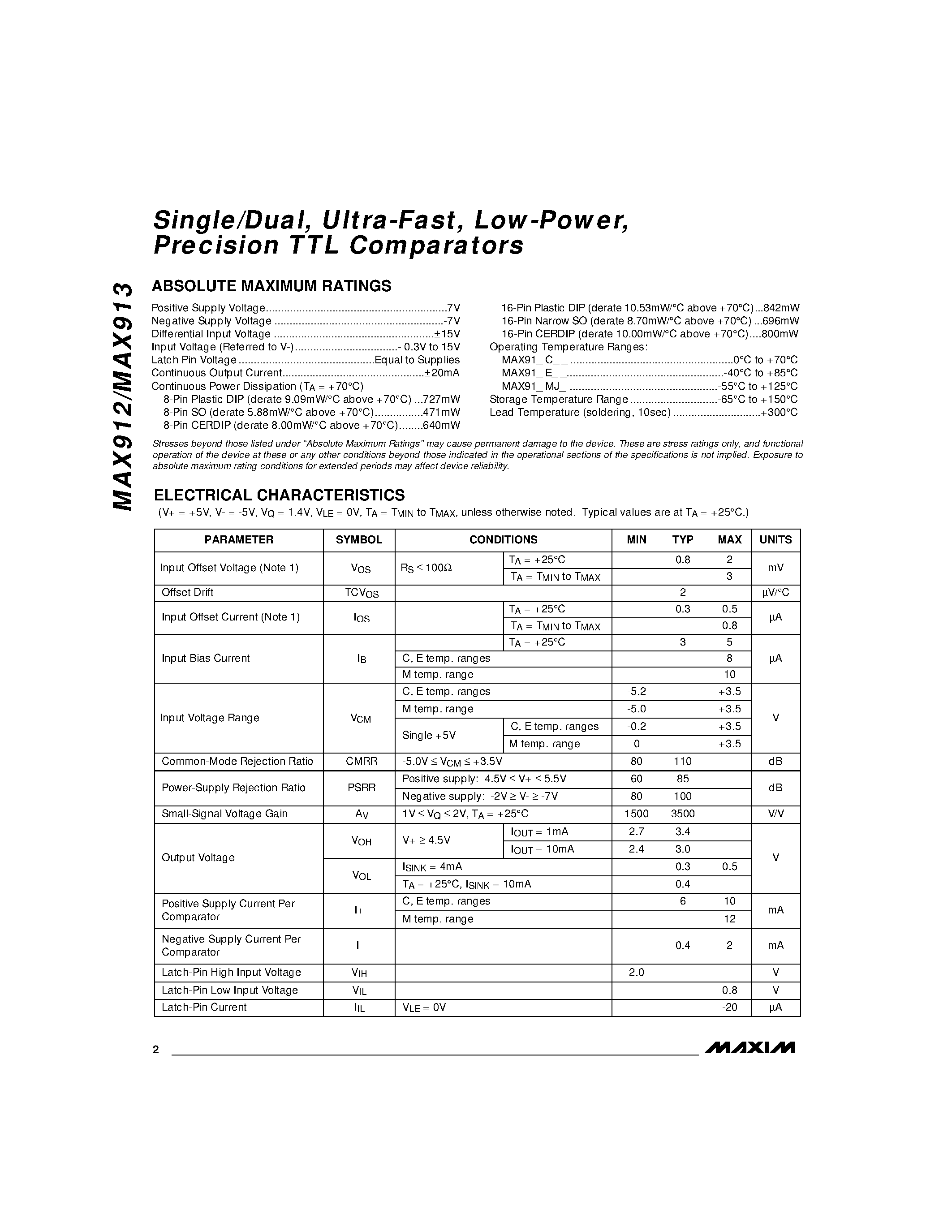 Datasheet MAX913D - Single/Dual / Ultra-Fast / Low-Power / Precision TTL Comparators page 2