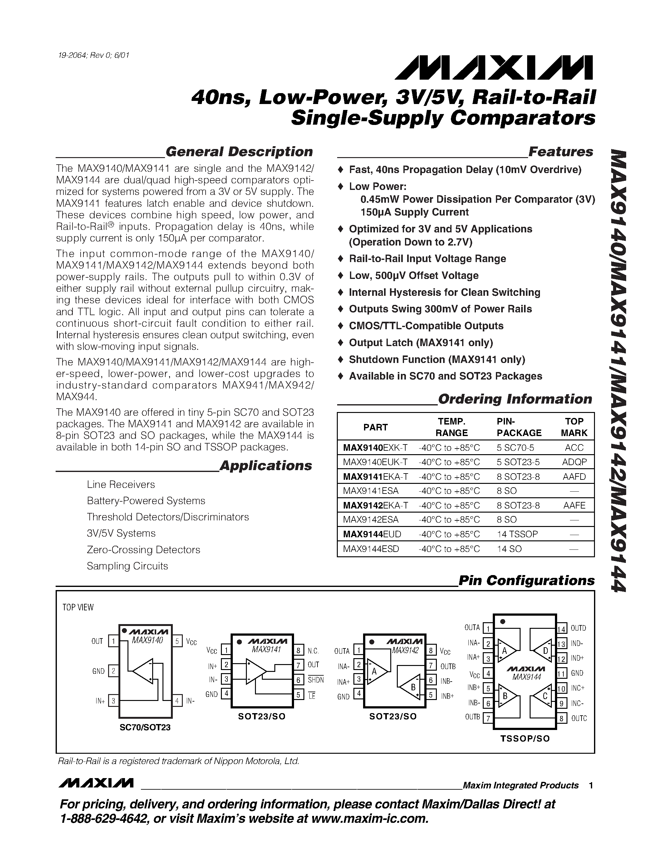 Datasheet MAX9142EKA-T - 40ns / Low-Power / 3V/5V / Rail-to-Rail Single-Supply Comparators page 1