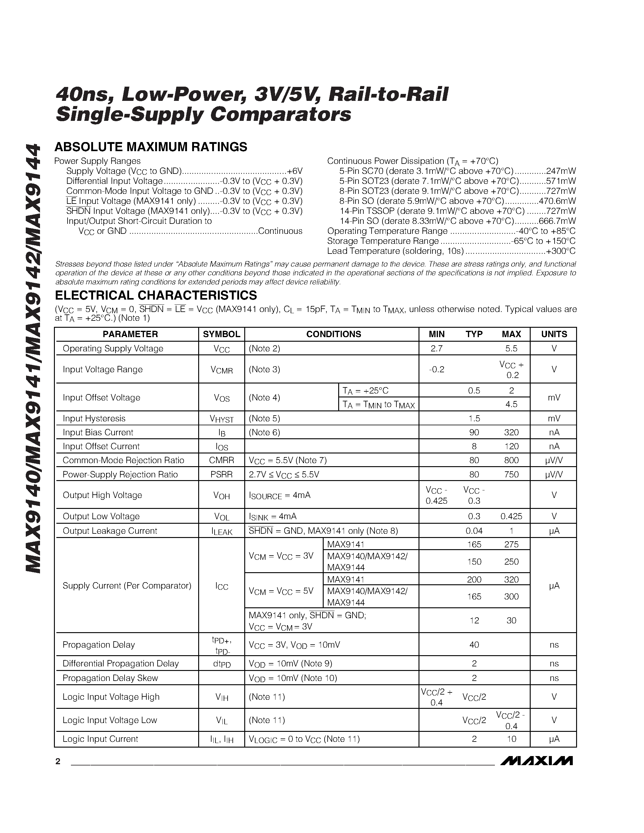 Datasheet MAX9142EKA-T - 40ns / Low-Power / 3V/5V / Rail-to-Rail Single-Supply Comparators page 2