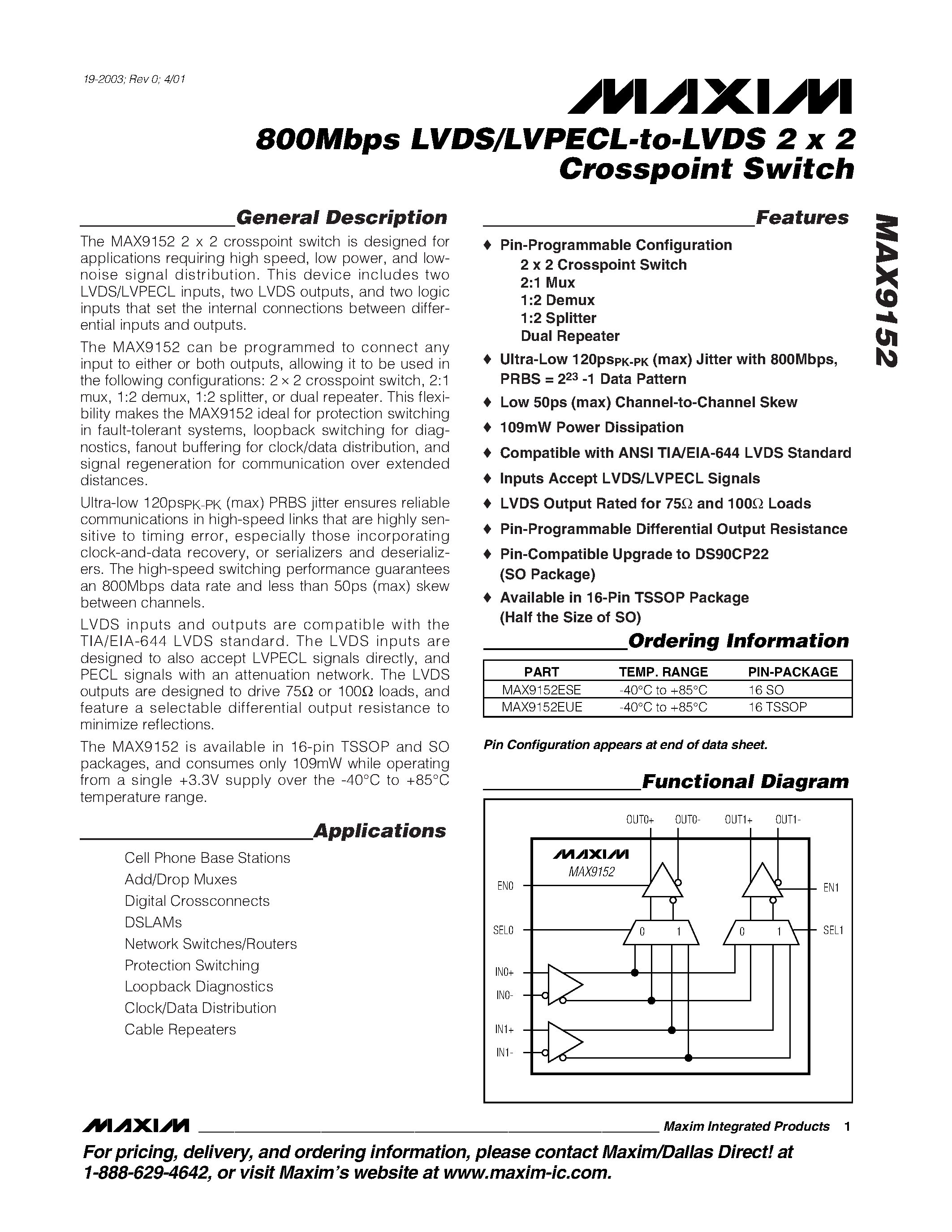 Datasheet MAX9152ESE - 800Mbps LVDS/LVPECL-to-LVDS 2 x 2 Crosspoint Switch page 1