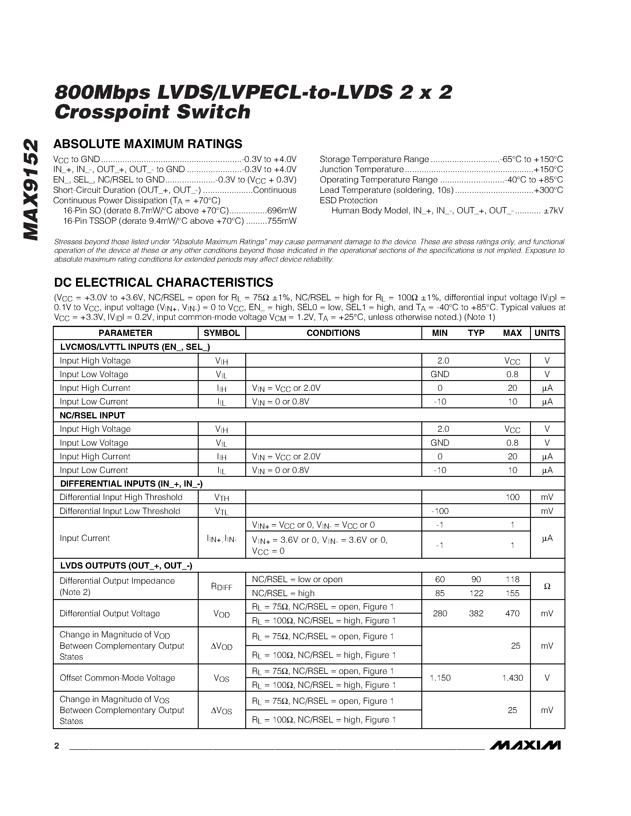 Datasheet MAX9152ESE - 800Mbps LVDS/LVPECL-to-LVDS 2 x 2 Crosspoint Switch page 2