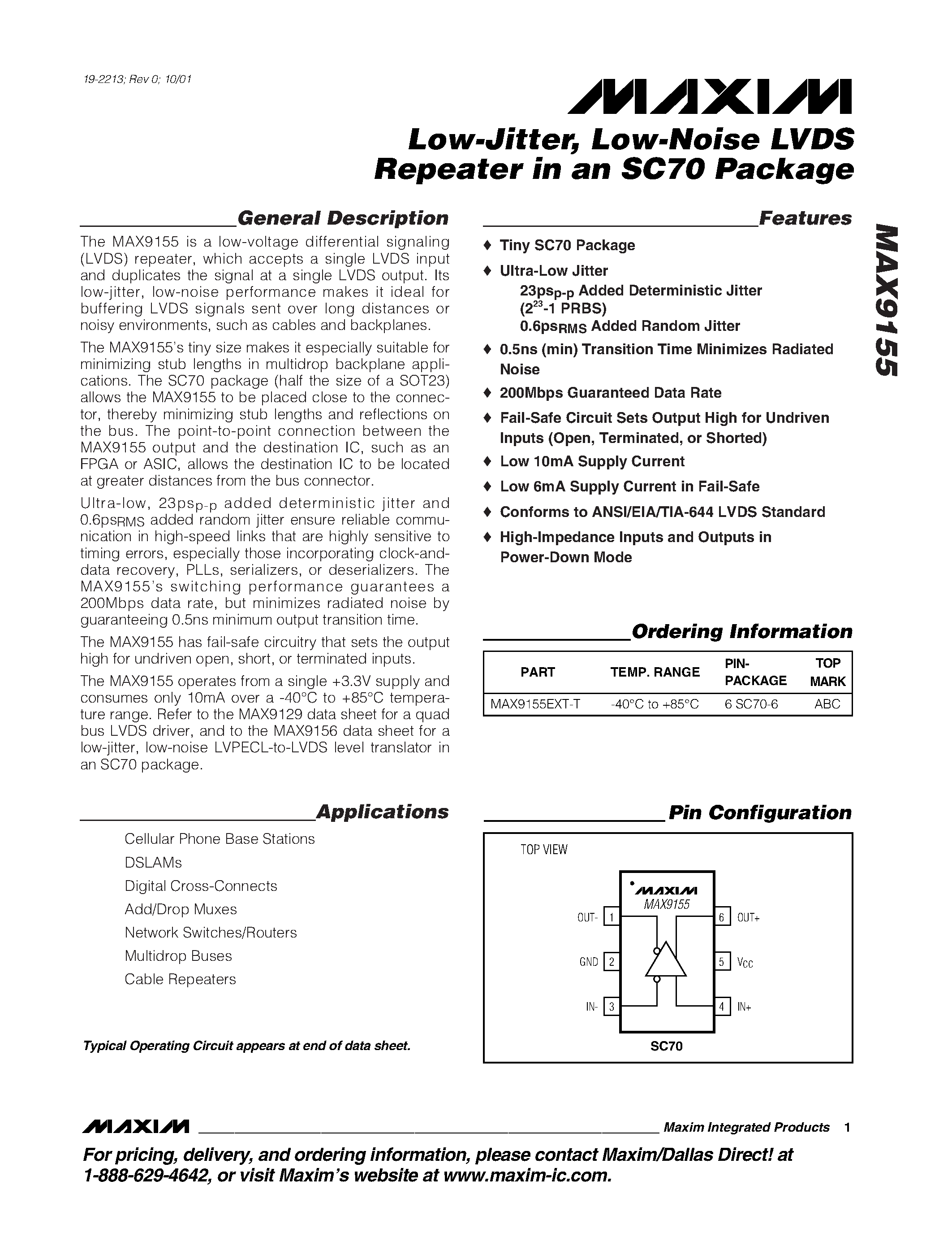 Datasheet MAX9155EXT-T - Low-Jitter / Low-Noise LVDS Repeater in an SC70 Package page 1