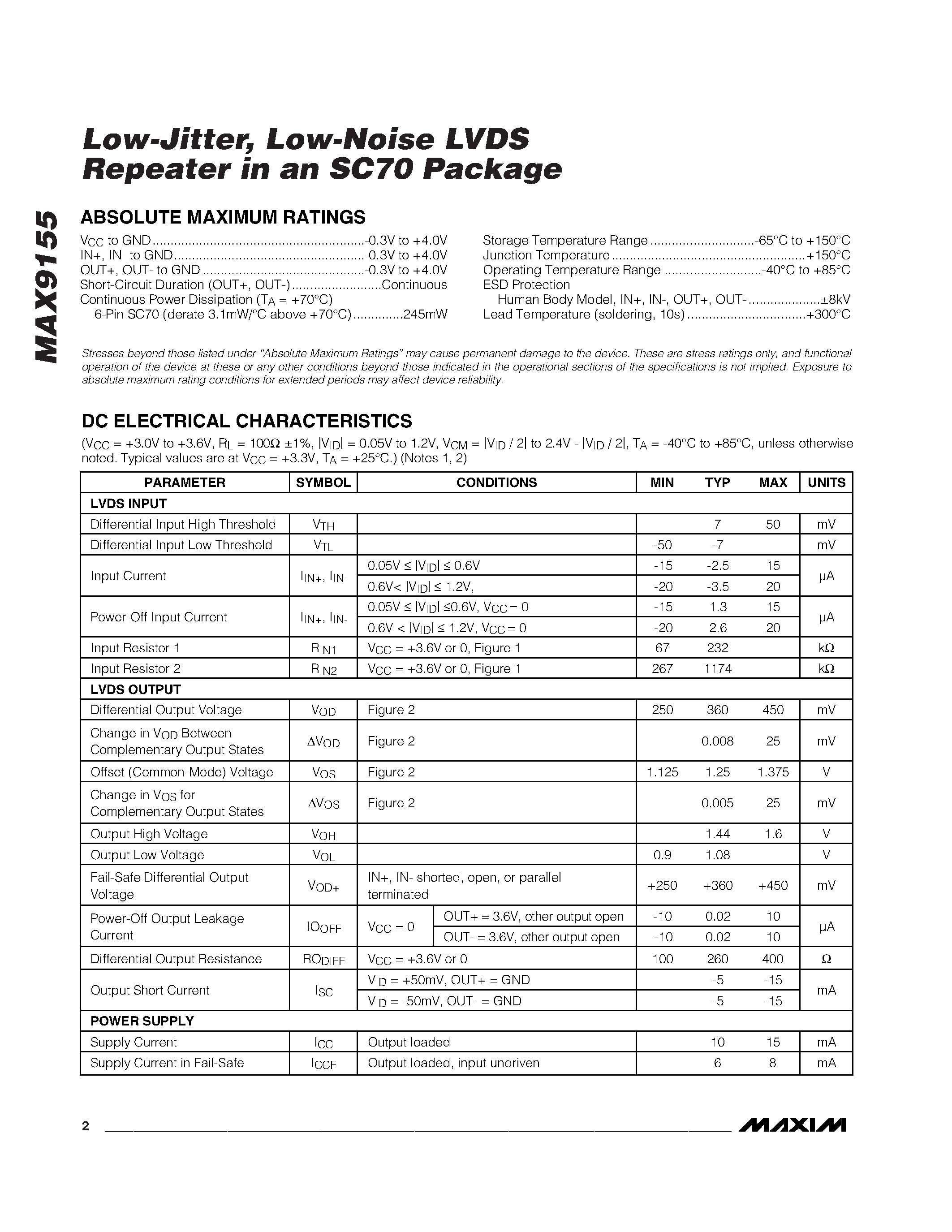 Datasheet MAX9155EXT-T - Low-Jitter / Low-Noise LVDS Repeater in an SC70 Package page 2