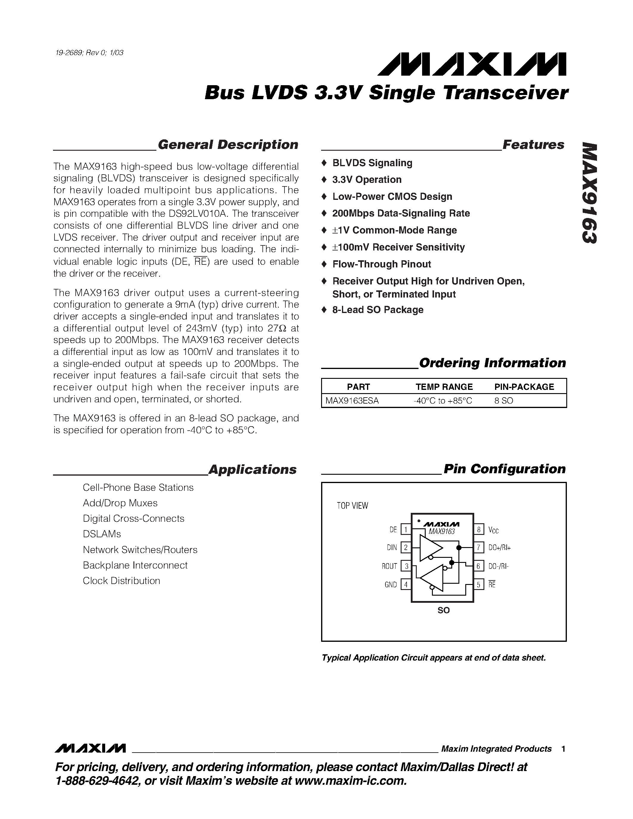 Datasheet MAX9163ESA - Bus LVDS 3.3V Single Transceiver page 1