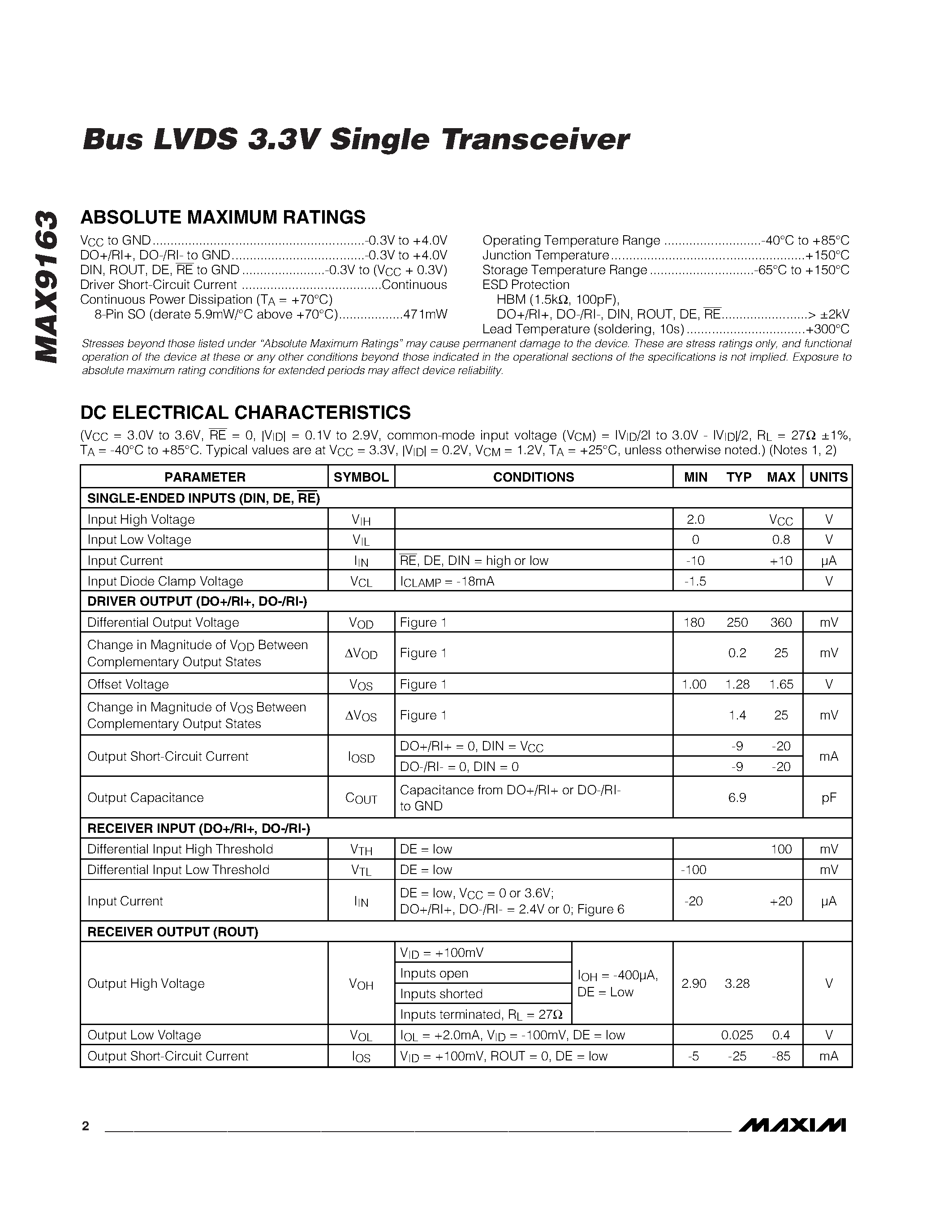 Datasheet MAX9163ESA - Bus LVDS 3.3V Single Transceiver page 2