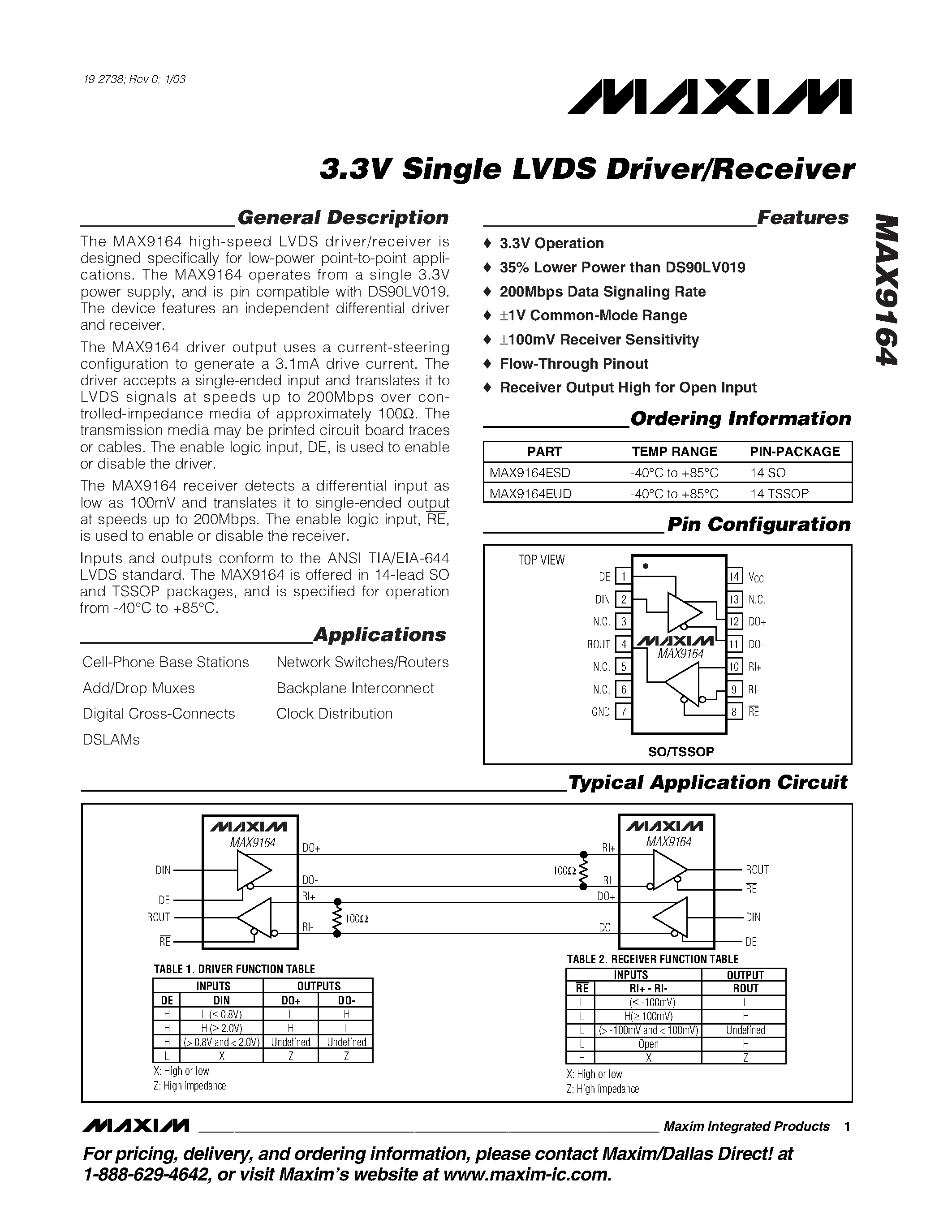 Datasheet MAX9164EUD - 3.3V Single LVDS Driver/Receiver page 1