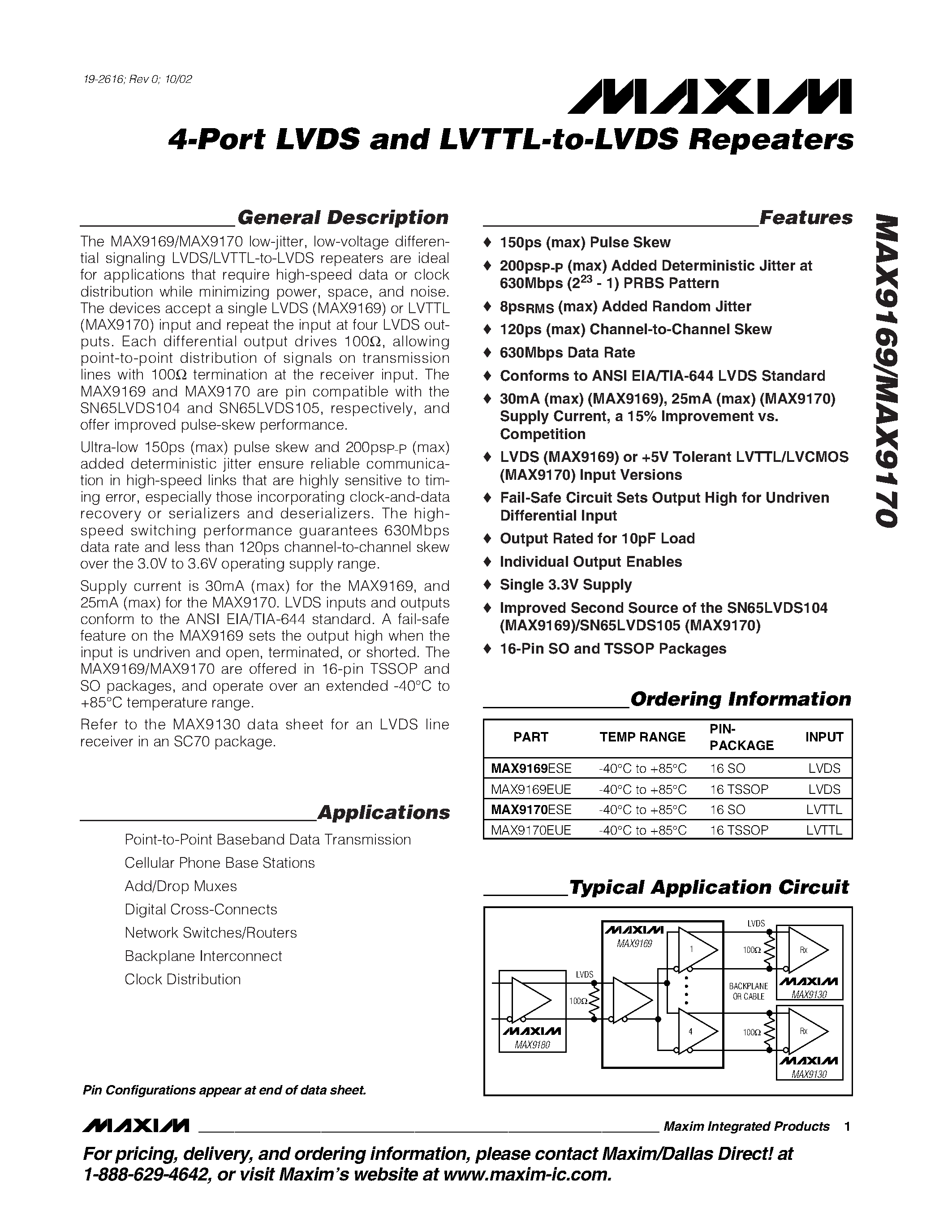 Datasheet MAX9169 - 4-Port LVDS and LVTTL-to-LVDS Repeaters page 1