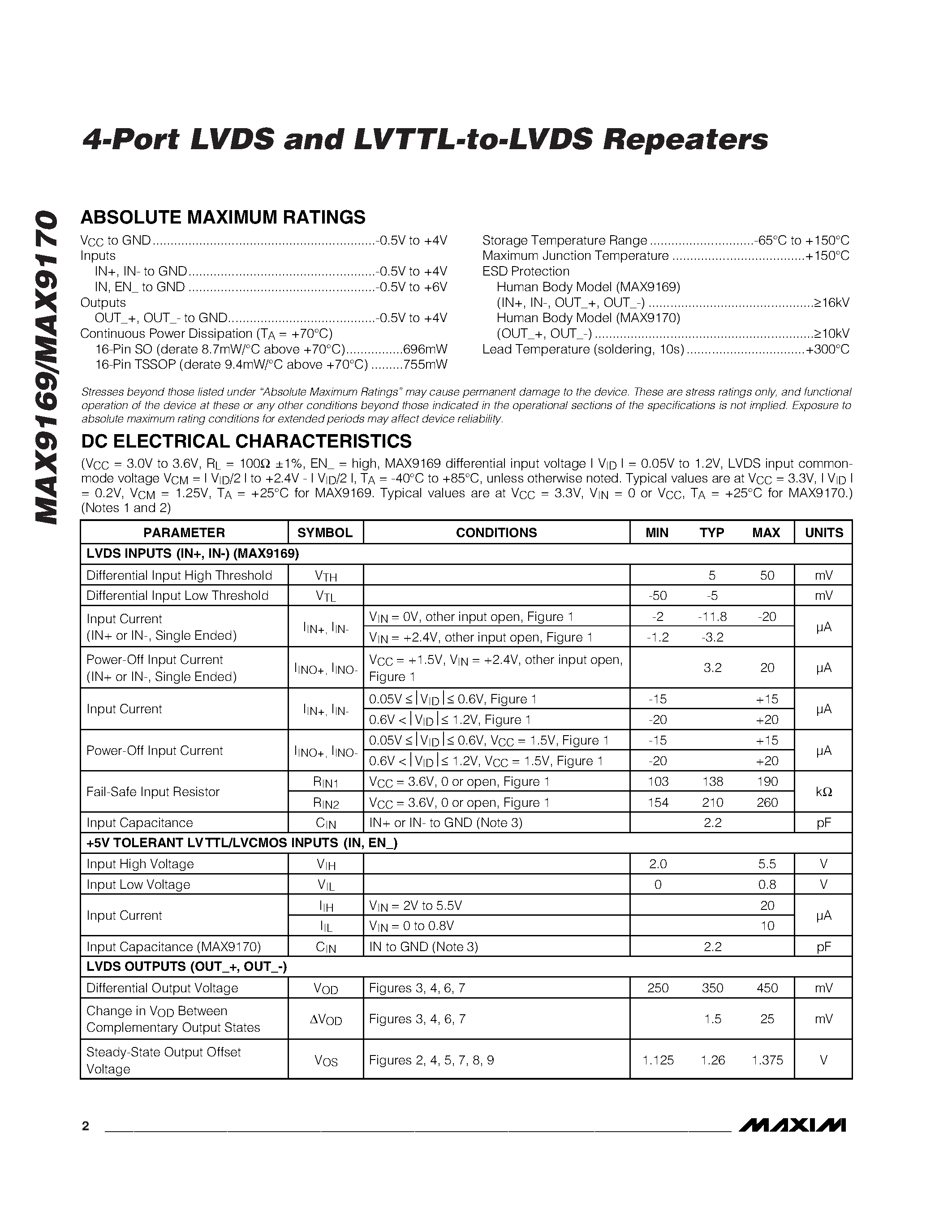 Datasheet MAX9169ESE - 4-Port LVDS and LVTTL-to-LVDS Repeaters page 2