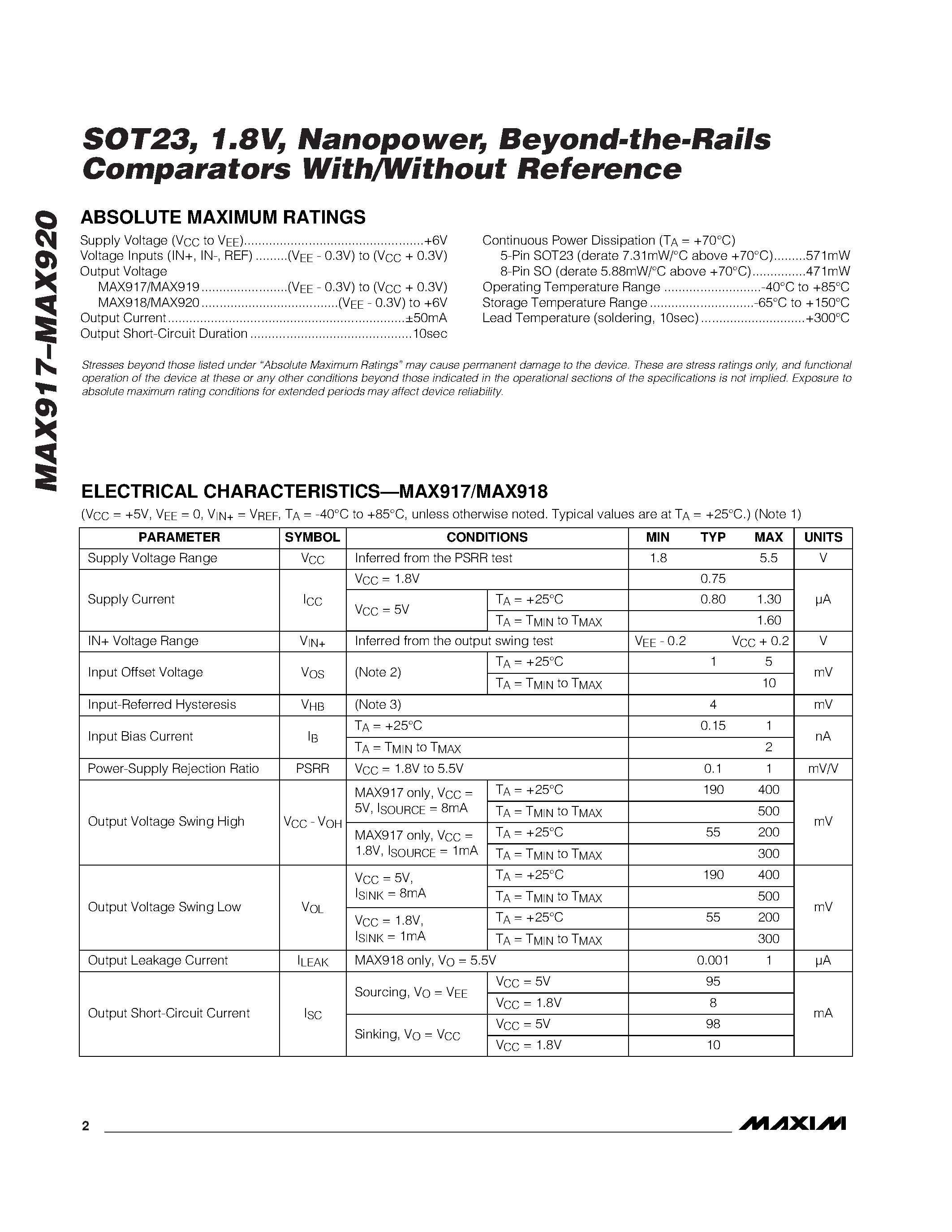 Datasheet MAX917EUK-T page 2 Datasheet MAX917EUK-T - SOT23 / 1.8V / Nanopower / Beyond-the-Rails Comparators With/Without Reference page 2