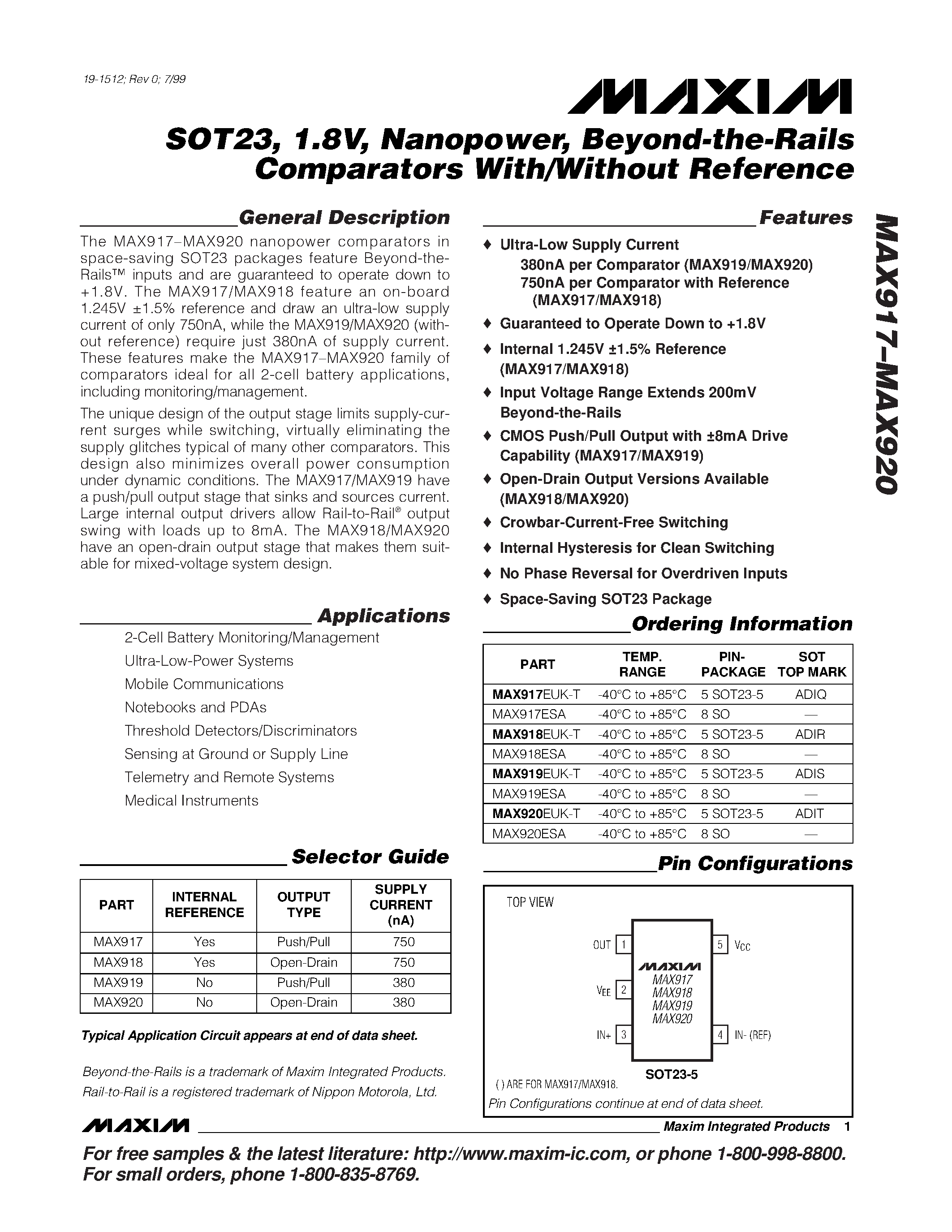 Datasheet MAX919ESA - SOT23 / 1.8V / Nanopower / Beyond-the-Rails Comparators With/Without Reference page 1