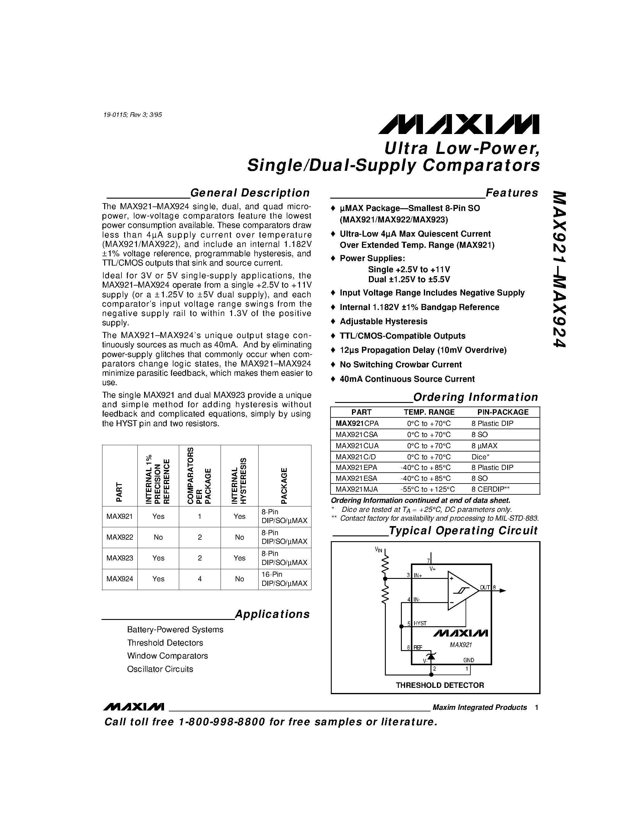 Datasheet MAX924EPE - Ultra Low-Power / Single/Dual-Supply Comparators page 1