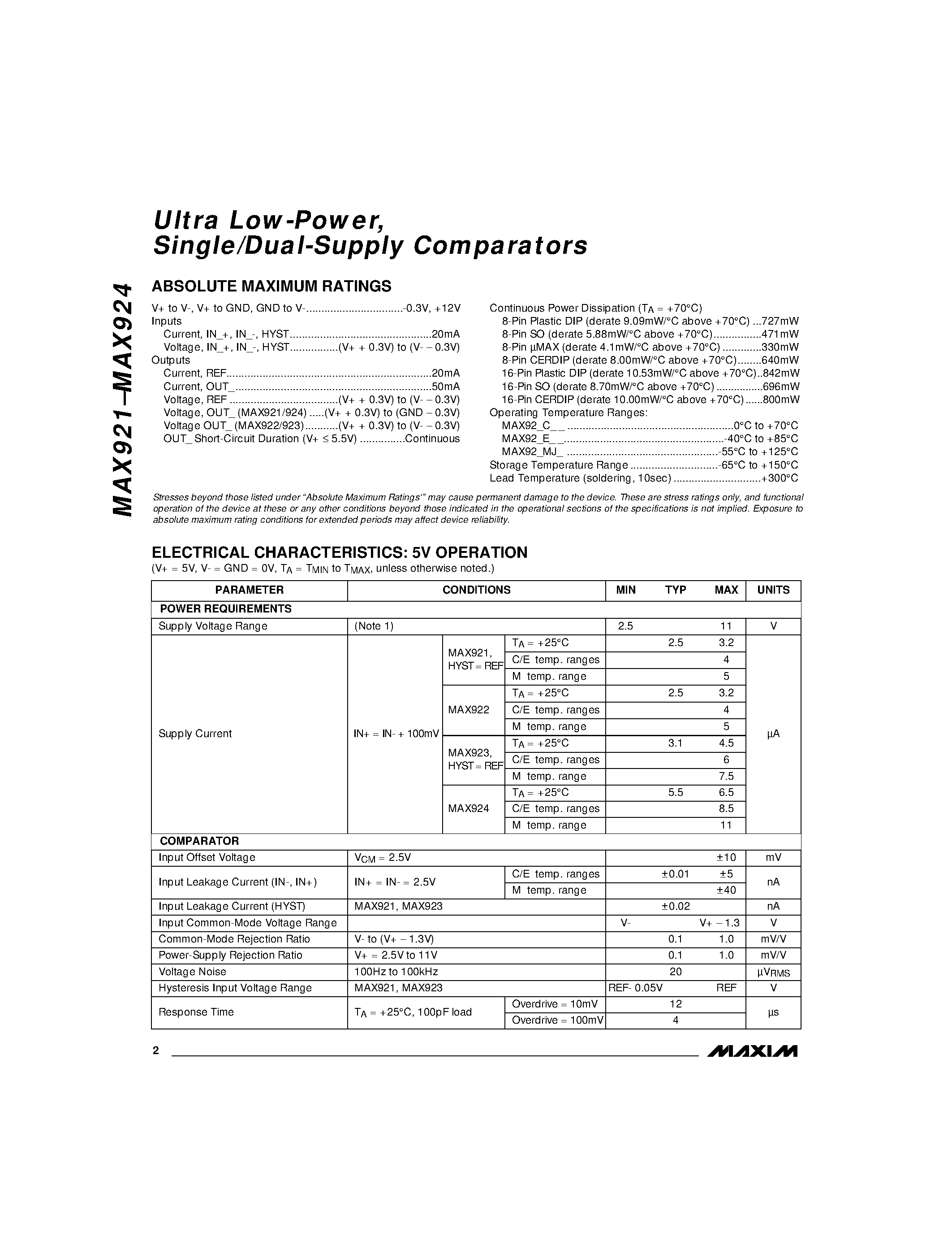 Datasheet MAX924EPE - Ultra Low-Power / Single/Dual-Supply Comparators page 2