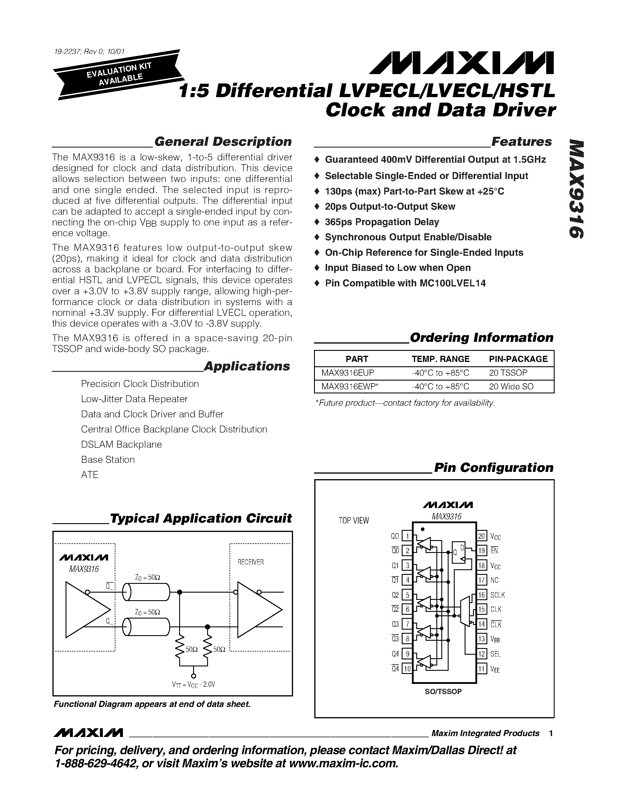 Datasheet MAX9316 - 1:5 Differential LVPECL/LVECL/HSTL Clock and Data Driver page 1
