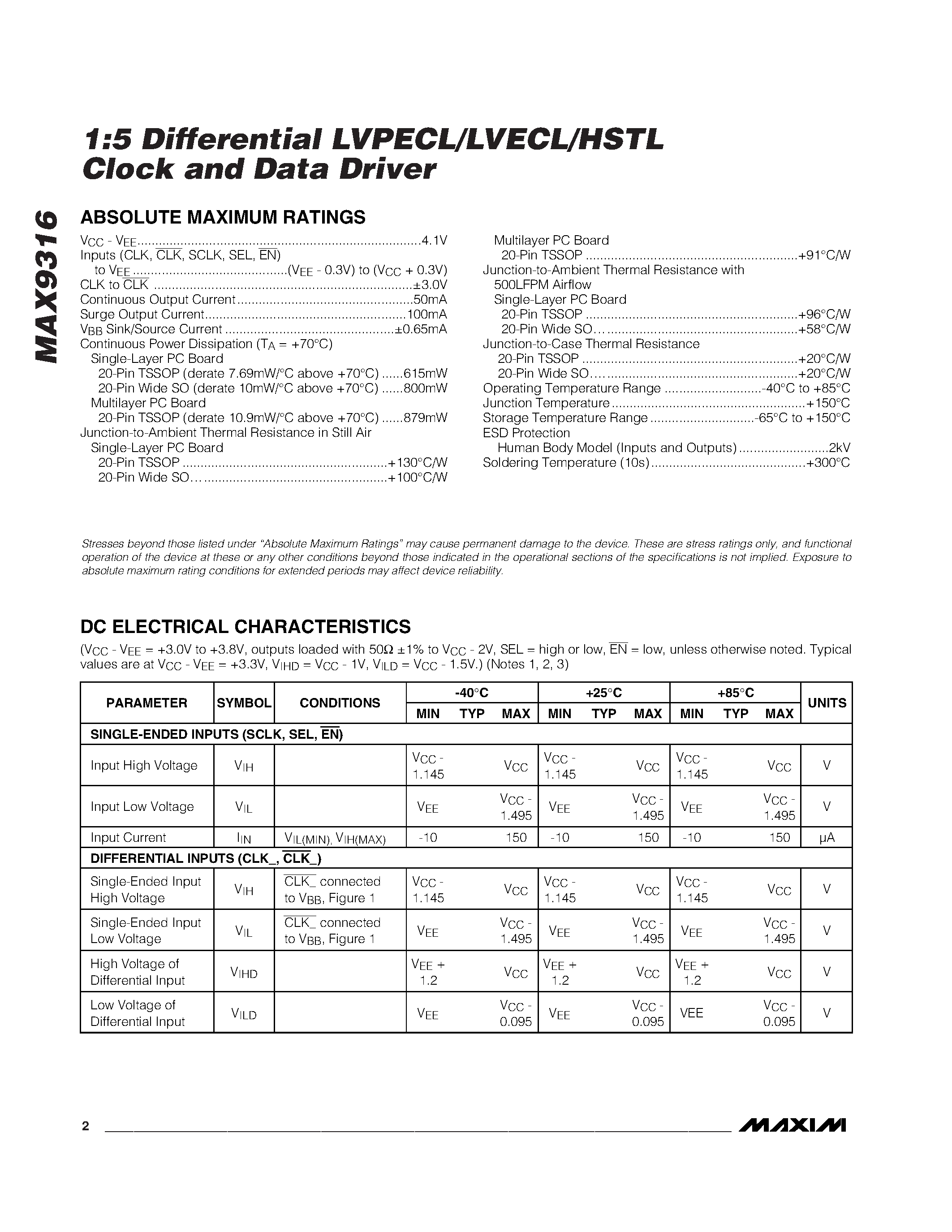 Datasheet MAX9316 - 1:5 Differential LVPECL/LVECL/HSTL Clock and Data Driver page 2