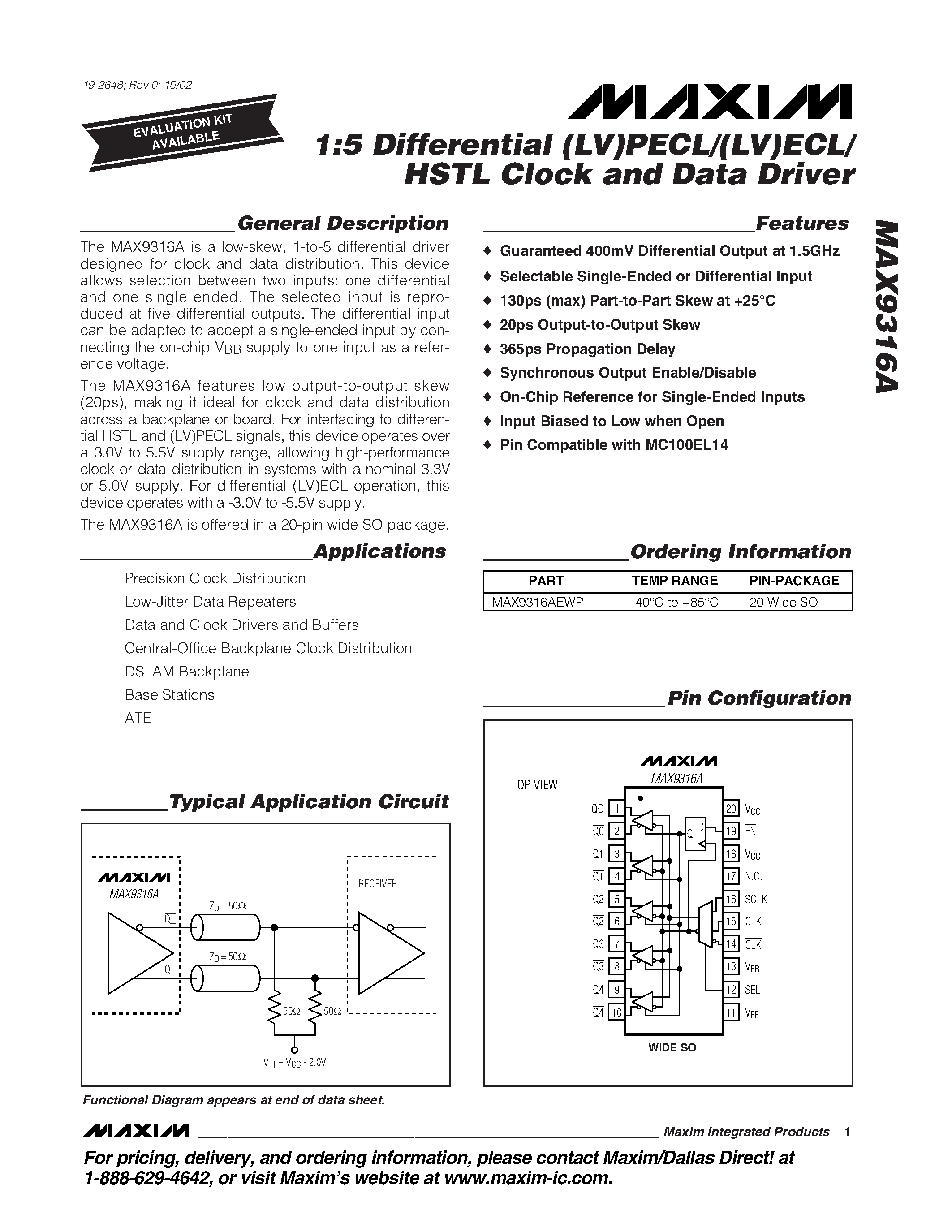 Datasheet MAX9316A - 1:5 Differential LVPECL/LVECL/ HSTL Clock and Data Driver page 1