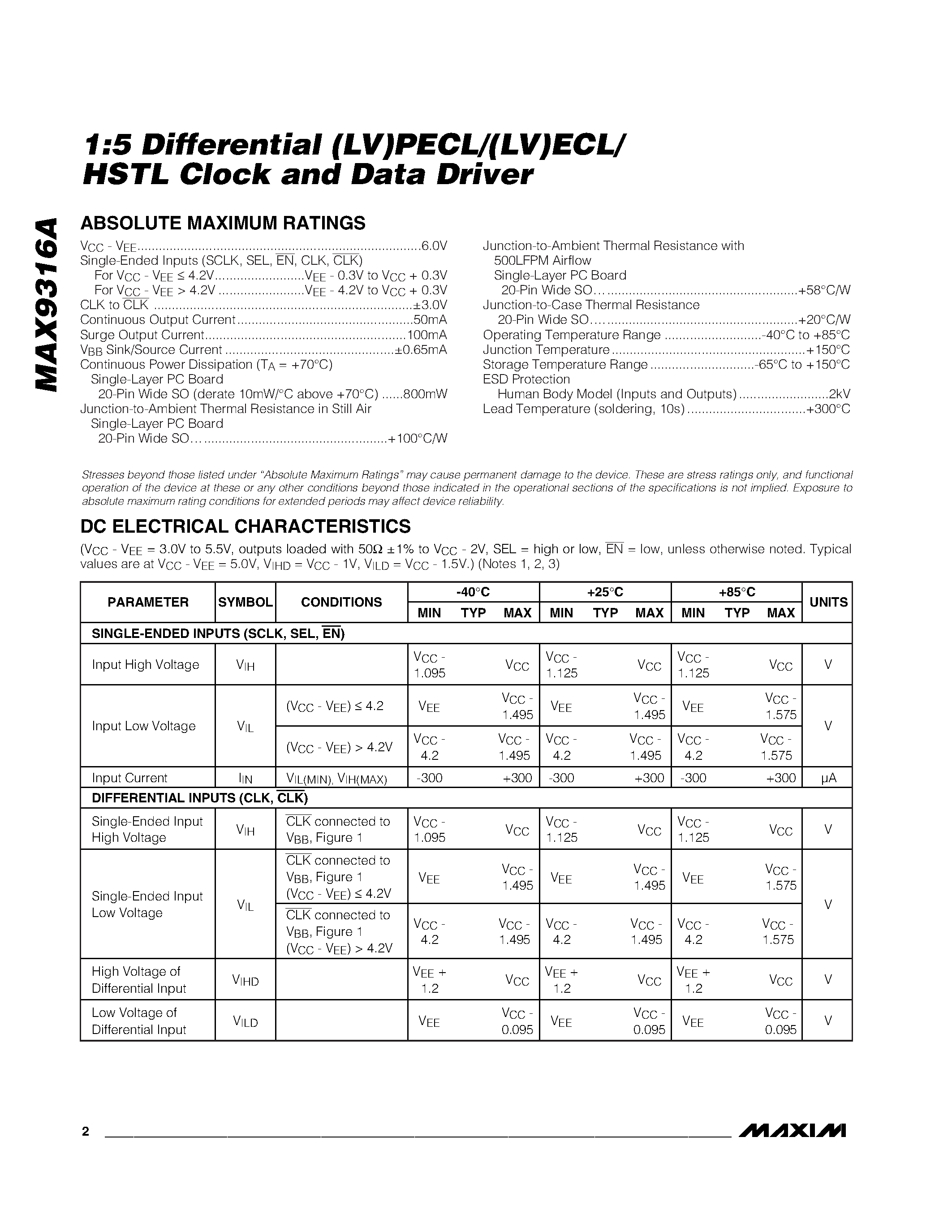 Datasheet MAX9316AEWP - 1:5 Differential LVPECL/LVECL/ HSTL Clock and Data Driver page 2