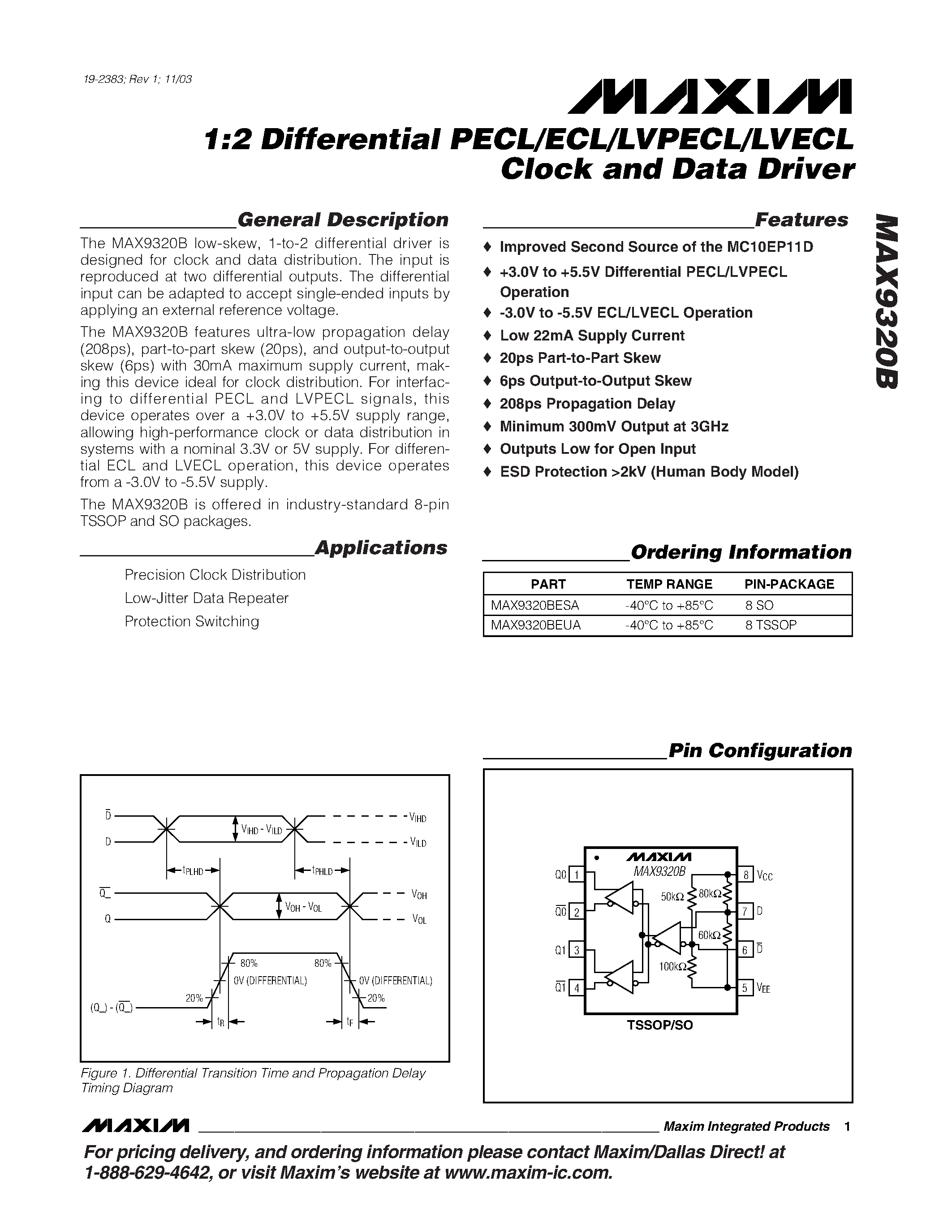 Datasheet MAX9320B - 1:2 Differential PECL/ECL/LVPECL/LVECL Clock and Data Driver page 1