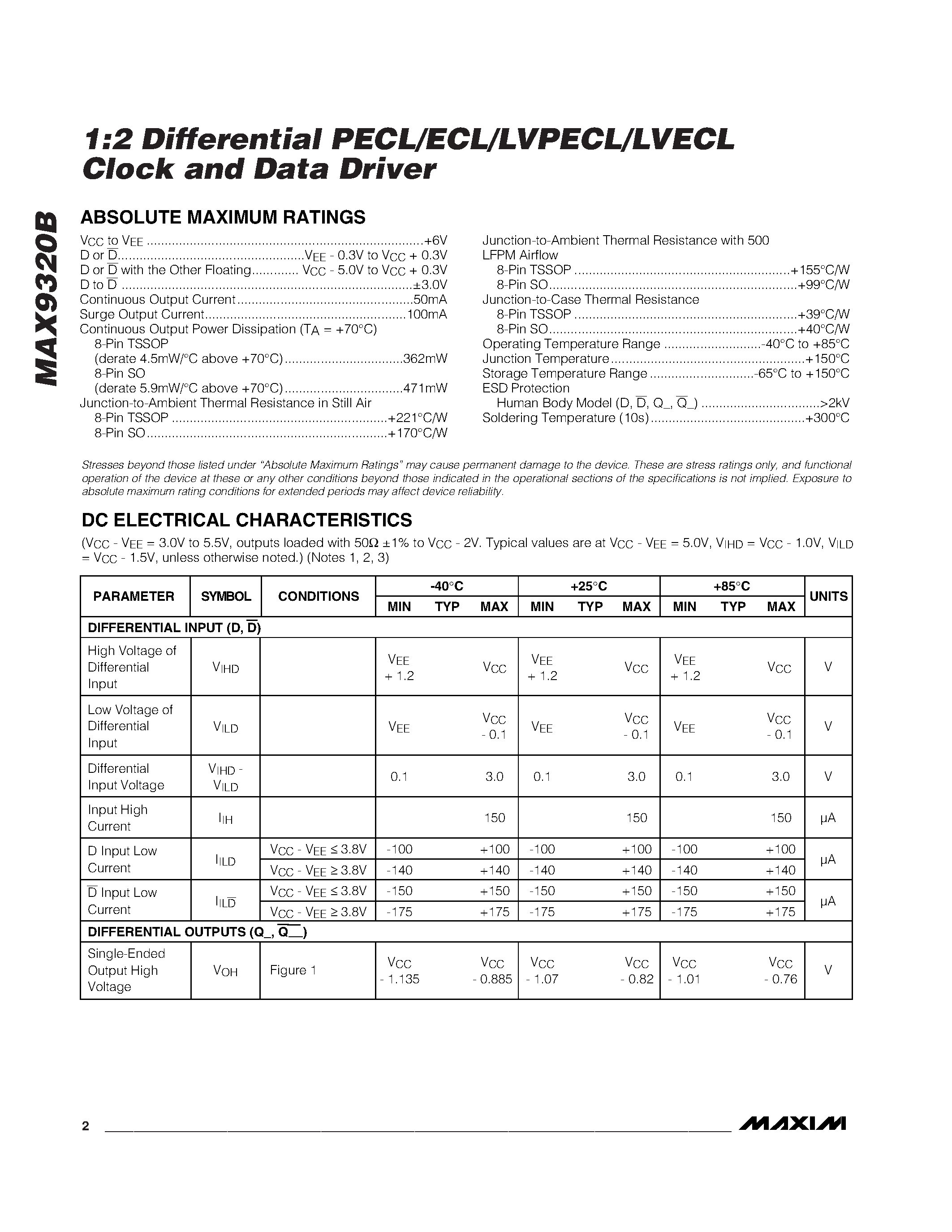 Datasheet MAX9320BEUA - 1:2 Differential PECL/ECL/LVPECL/LVECL Clock and Data Driver page 2