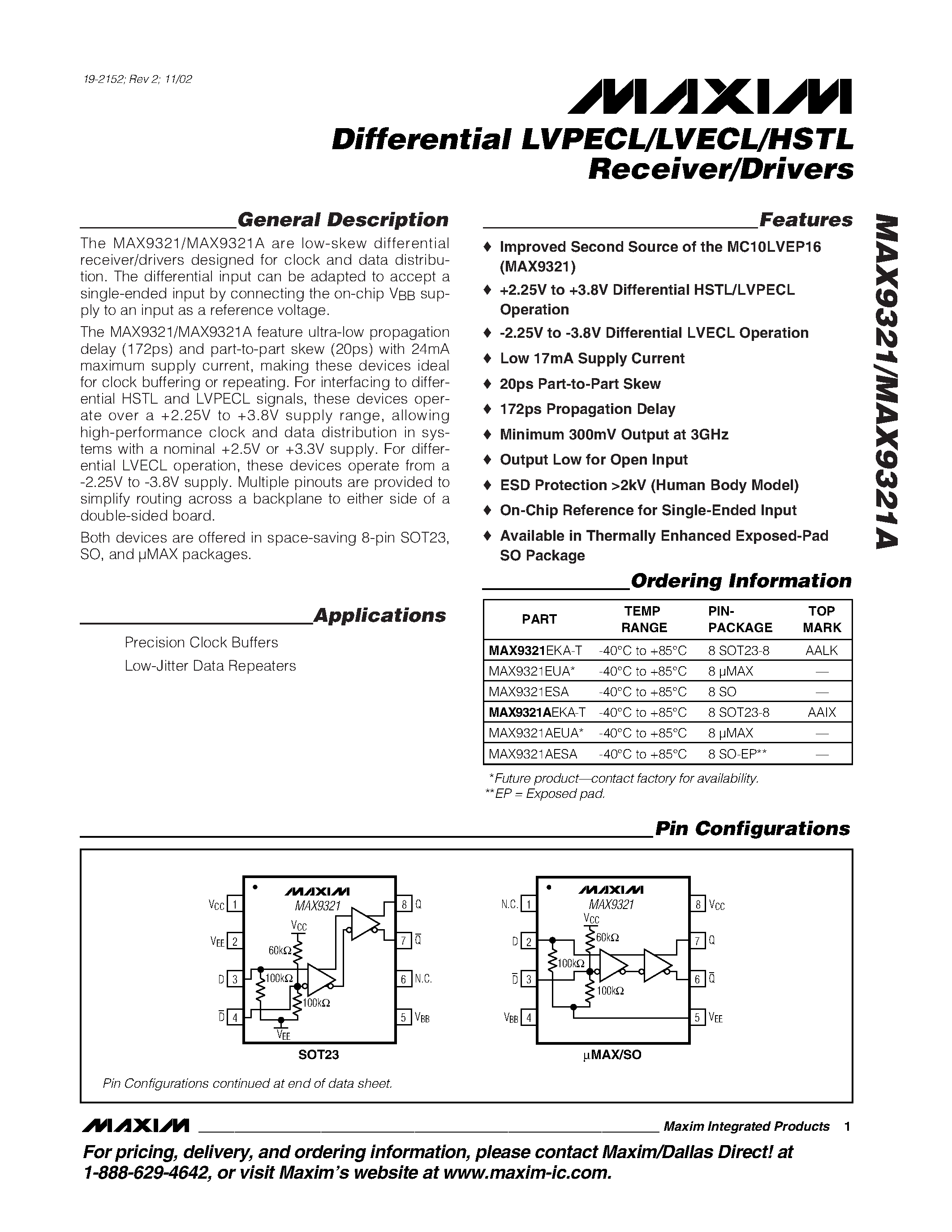 Datasheet MAX9321AEKA-T - Differential LVPECL/LVECL/HSTL Receiver/Drivers page 1
