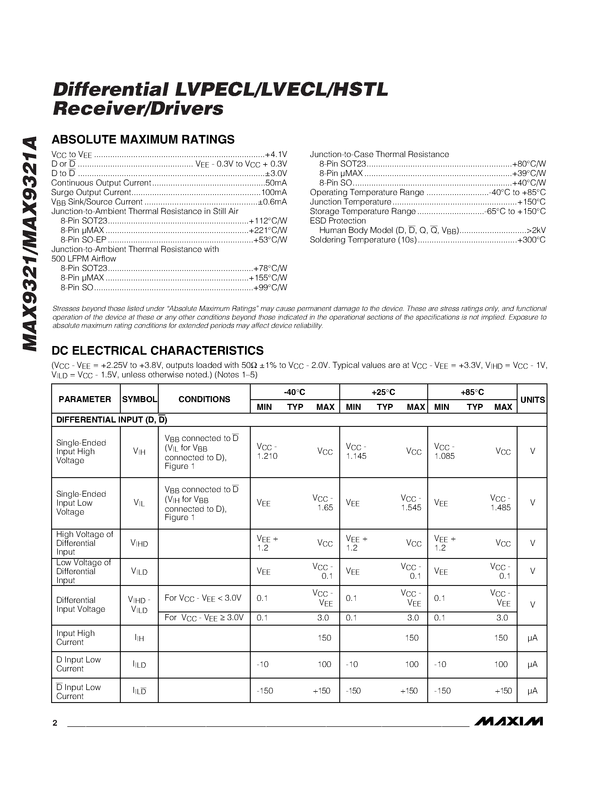 Datasheet MAX9321AEKA-T - Differential LVPECL/LVECL/HSTL Receiver/Drivers page 2