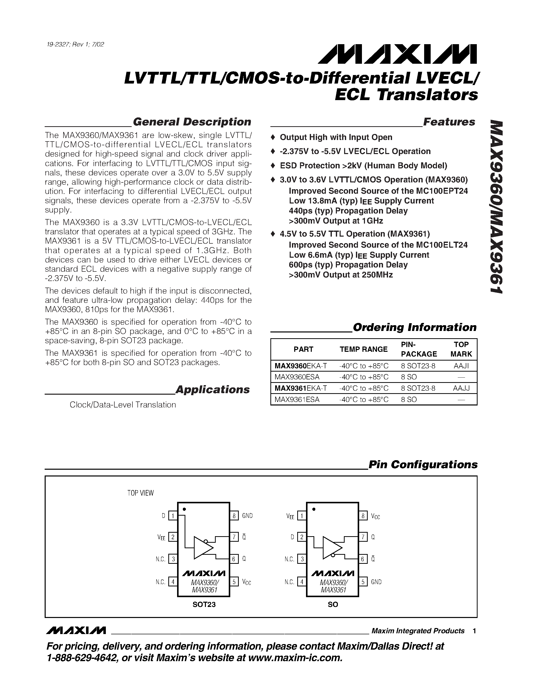 Datasheet MAX9360EKA-T - LVTTL/TTL/CMOS-to-Differential LVECL/ ECL Translators page 1