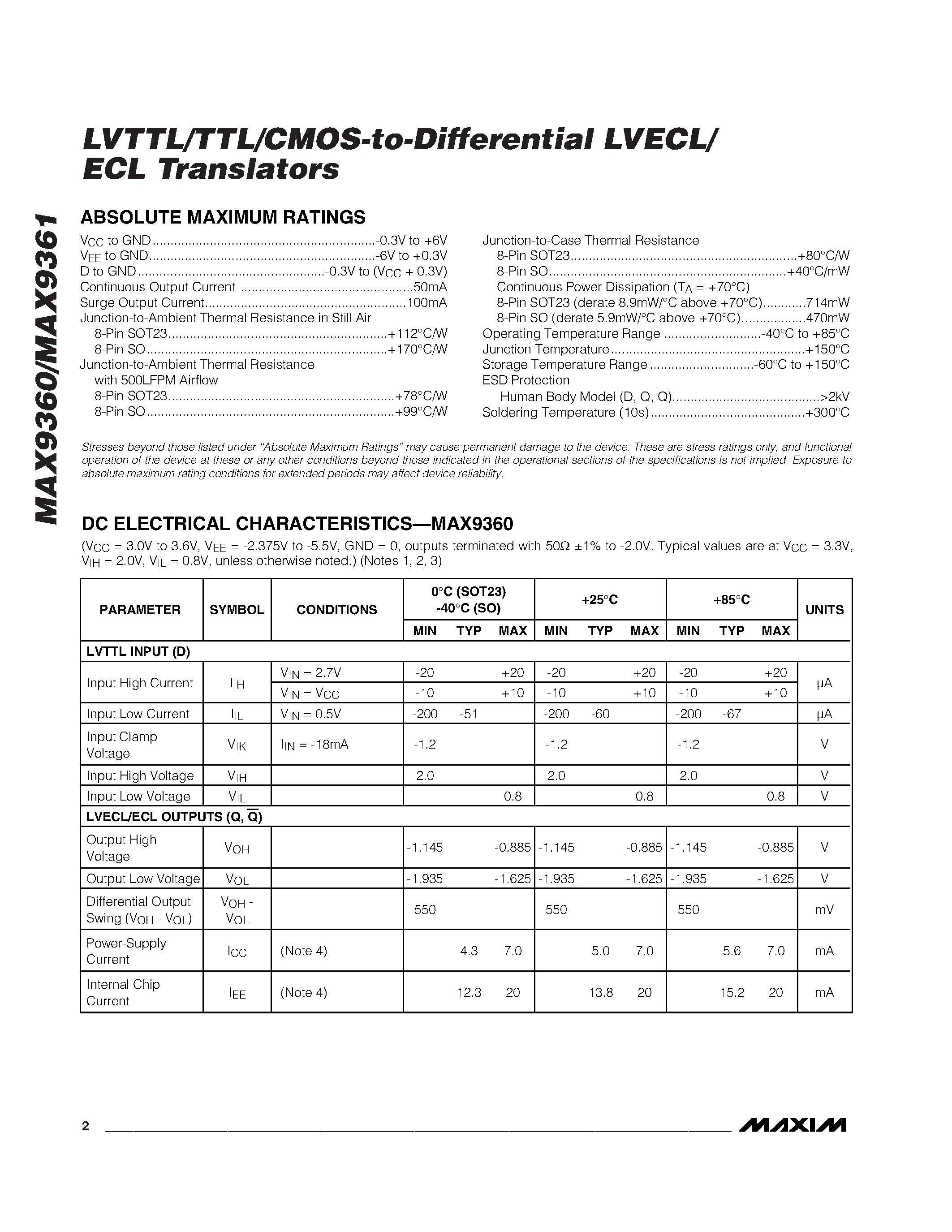 Datasheet MAX9360EKA-T - LVTTL/TTL/CMOS-to-Differential LVECL/ ECL Translators page 2