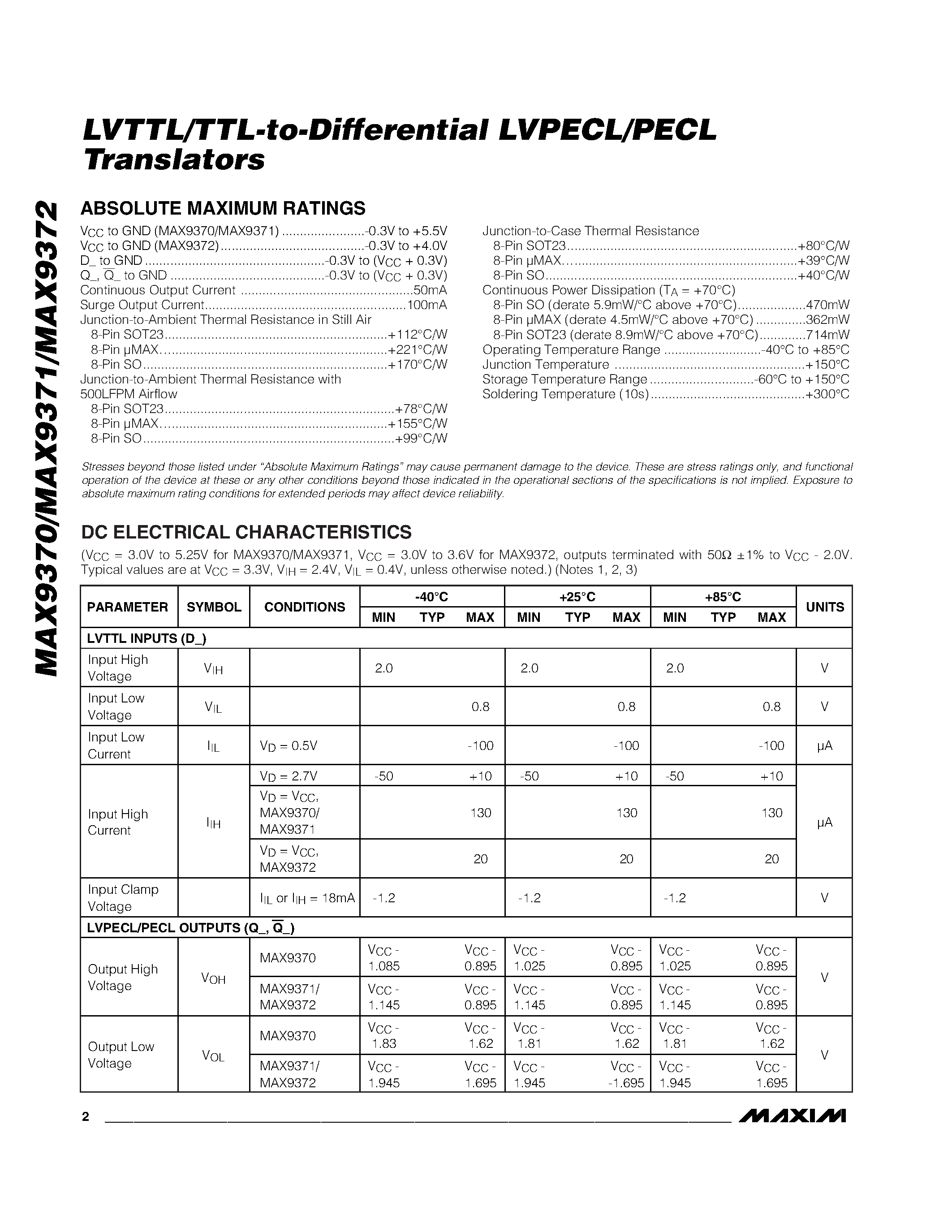 Datasheet MAX9372ESA page 2 Datasheet MAX9372ESA - LVTTL/TTL-to-Differential LVPECL/PECL Translators page 2