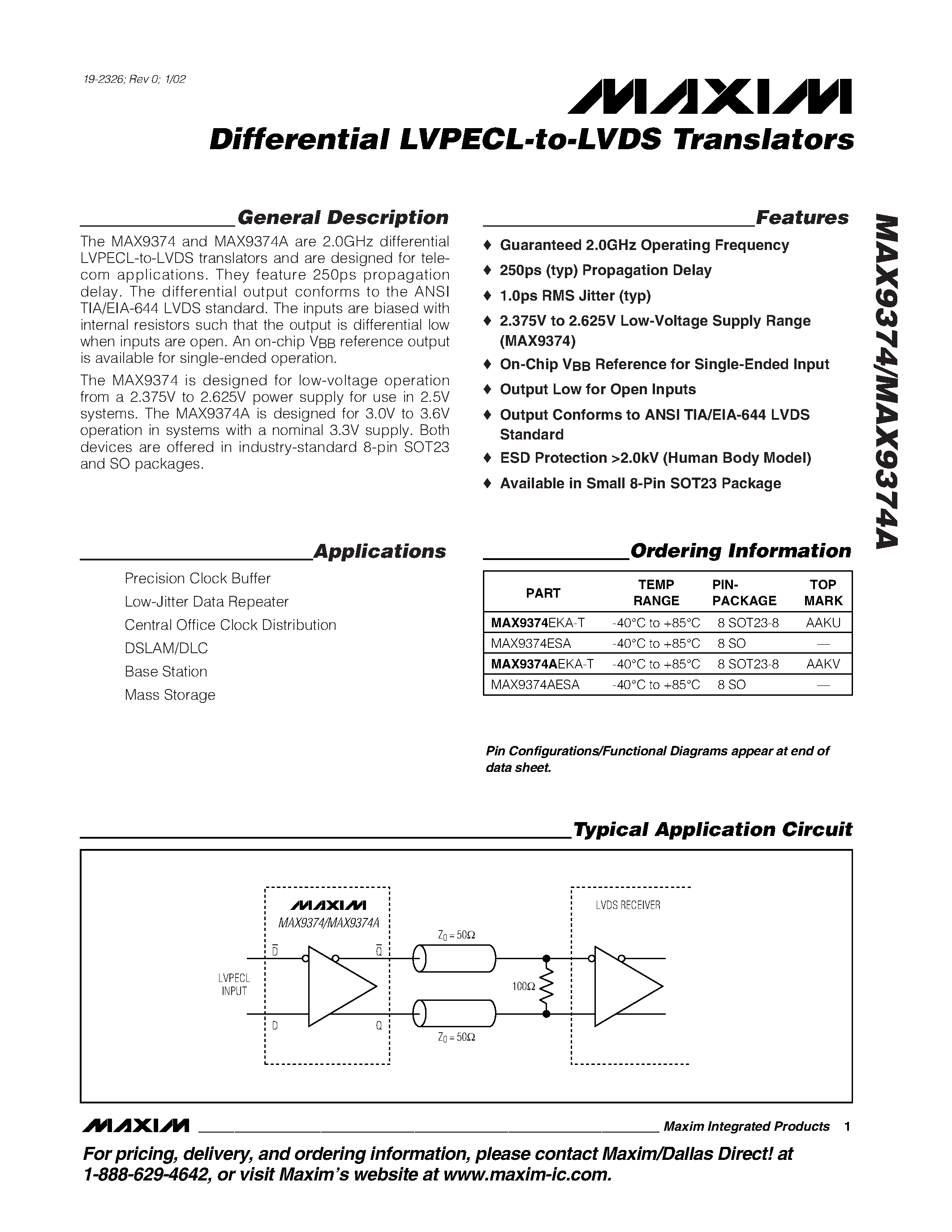 Даташит MAX9374AEKA-T - Differential LVPECL-to-LVDS Translators страница 1