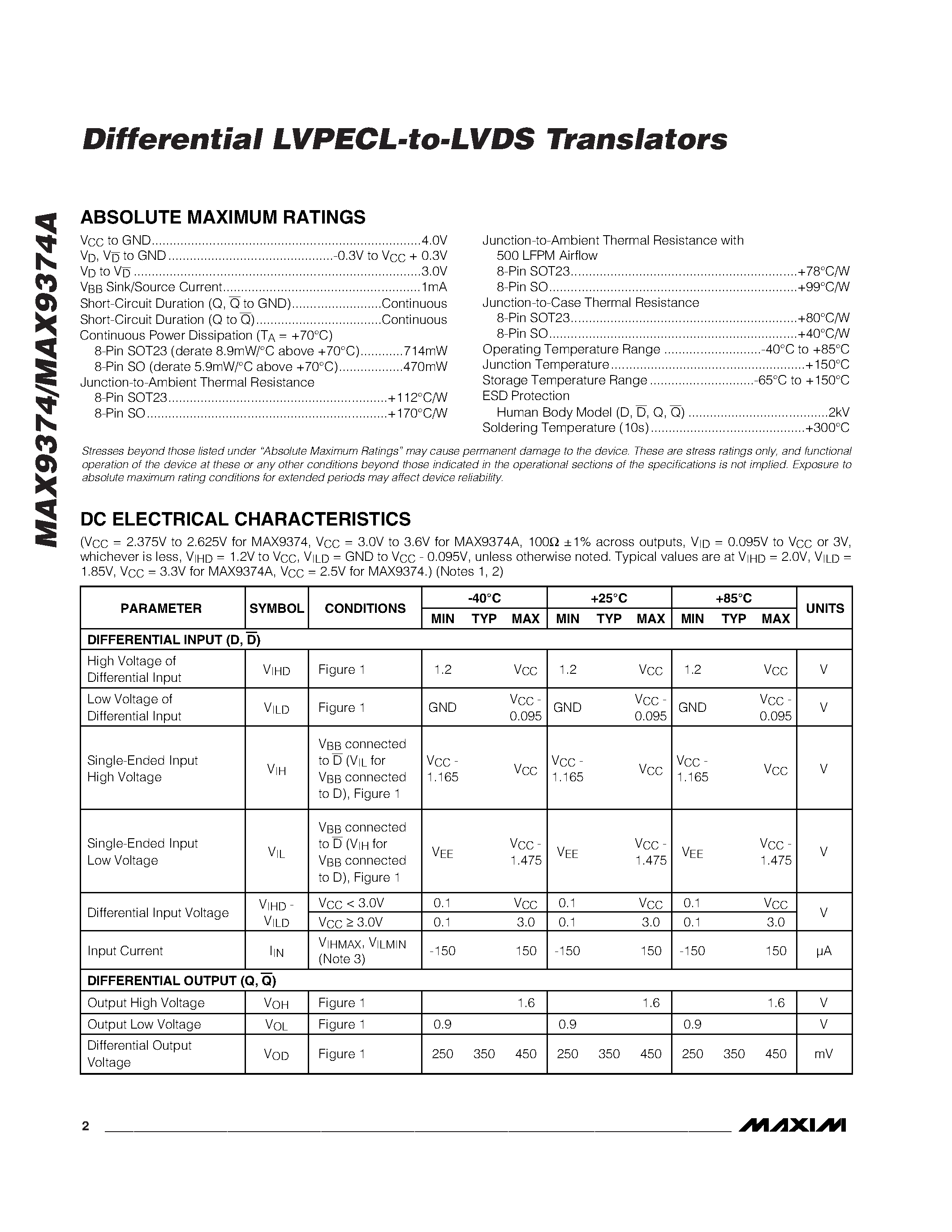 Даташит MAX9374AEKA-T - Differential LVPECL-to-LVDS Translators страница 2