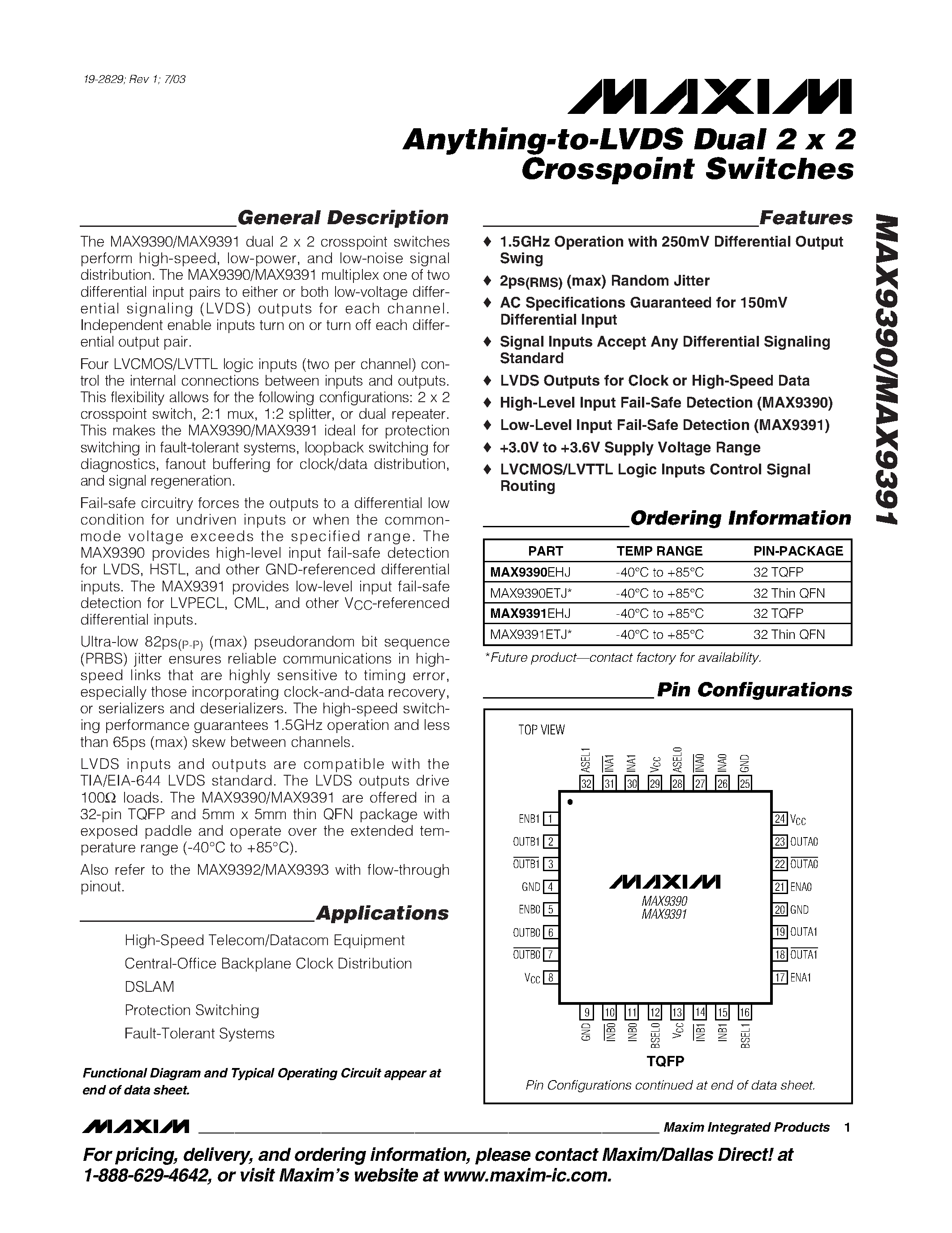 Datasheet MAX9390EHJ - Anything-to-LVDS Dual 2 x 2 Crosspoint Switches page 1