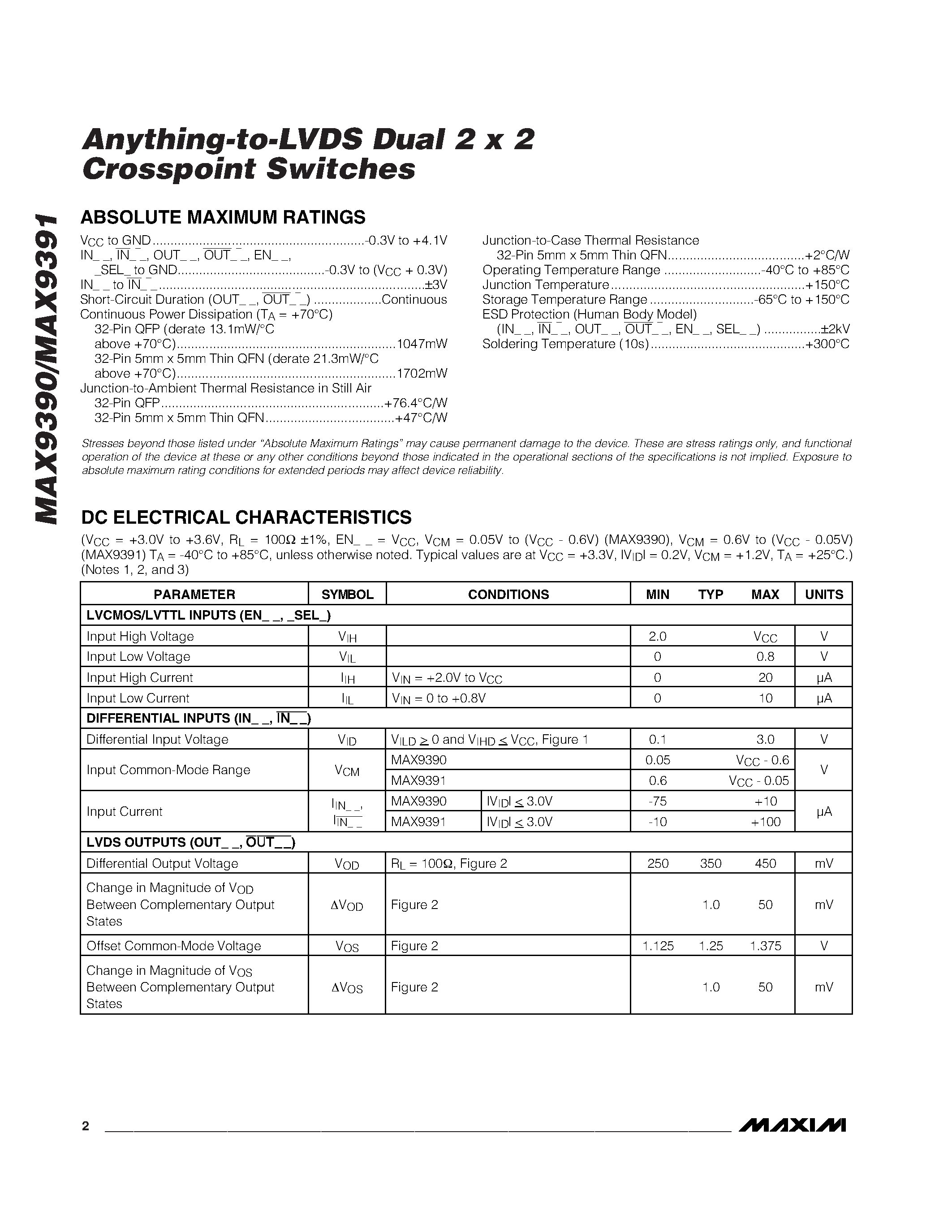 Datasheet MAX9391ETJ - Anything-to-LVDS Dual 2 x 2 Crosspoint Switches page 2