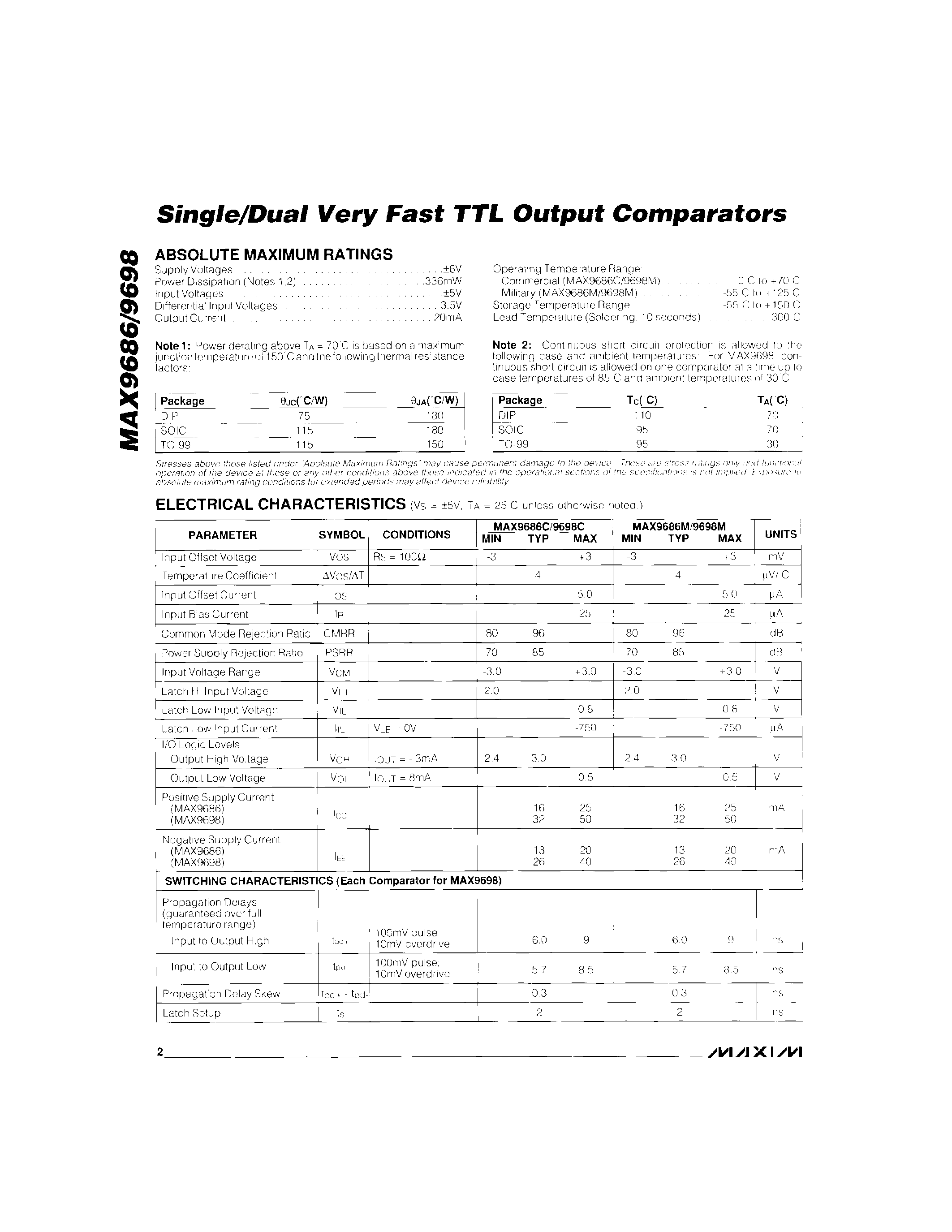 Datasheet MAX9686MTV - Single/Dual Very Fast TTL Output Comparators page 2