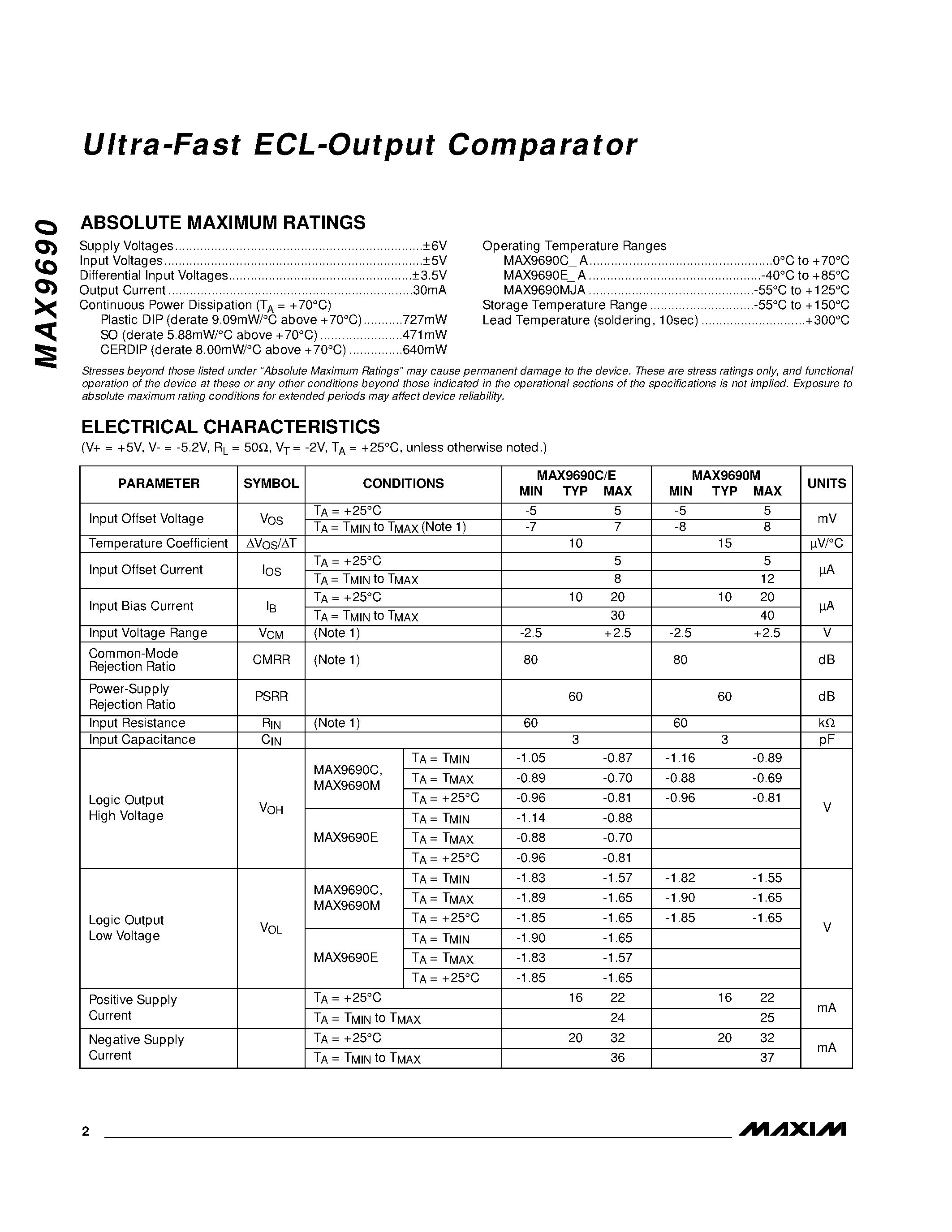 Datasheet MAX9690CPA-4 - Ultra-Fast ECL-Output Comparator page 2