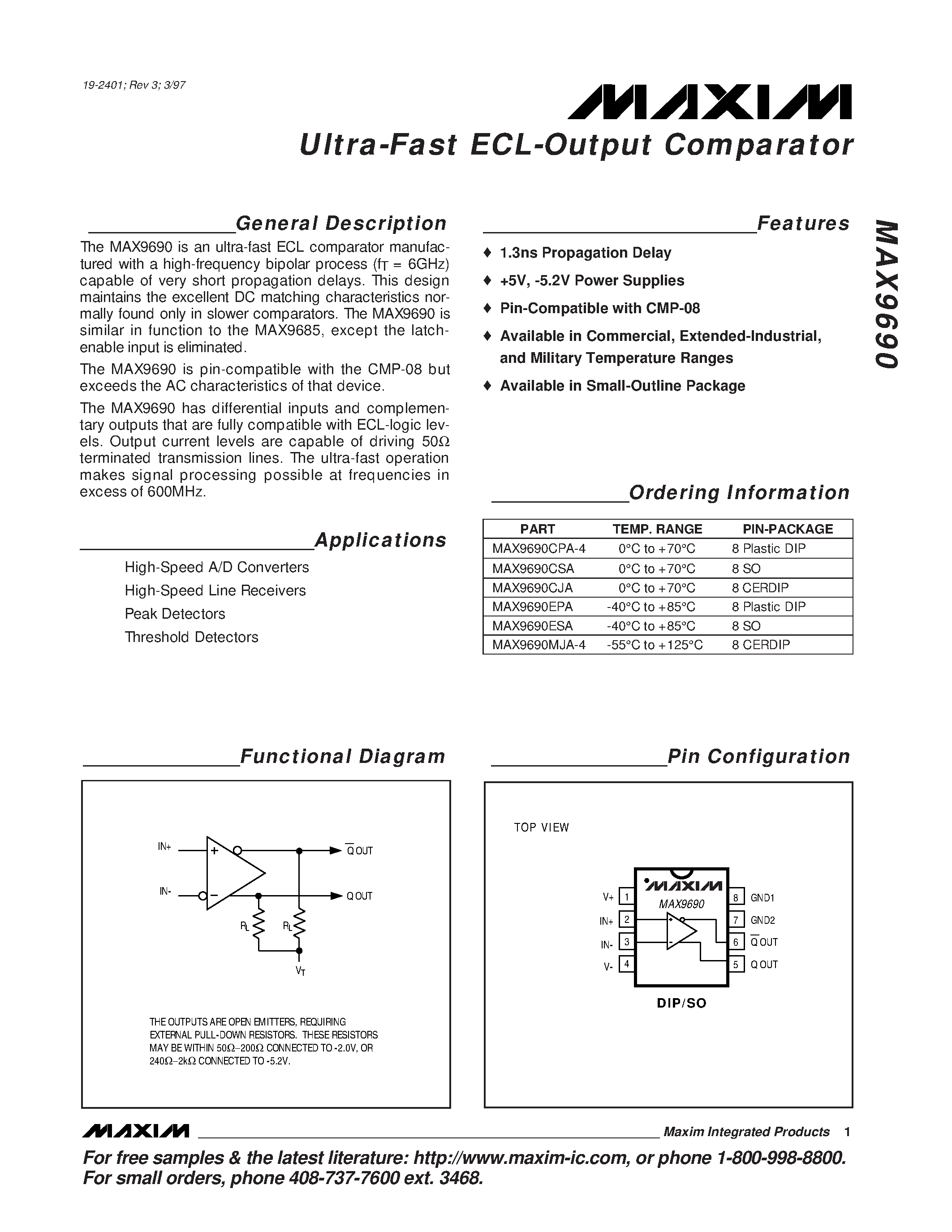 Datasheet MAX9690MJA-4 - Ultra-Fast ECL-Output Comparator page 1