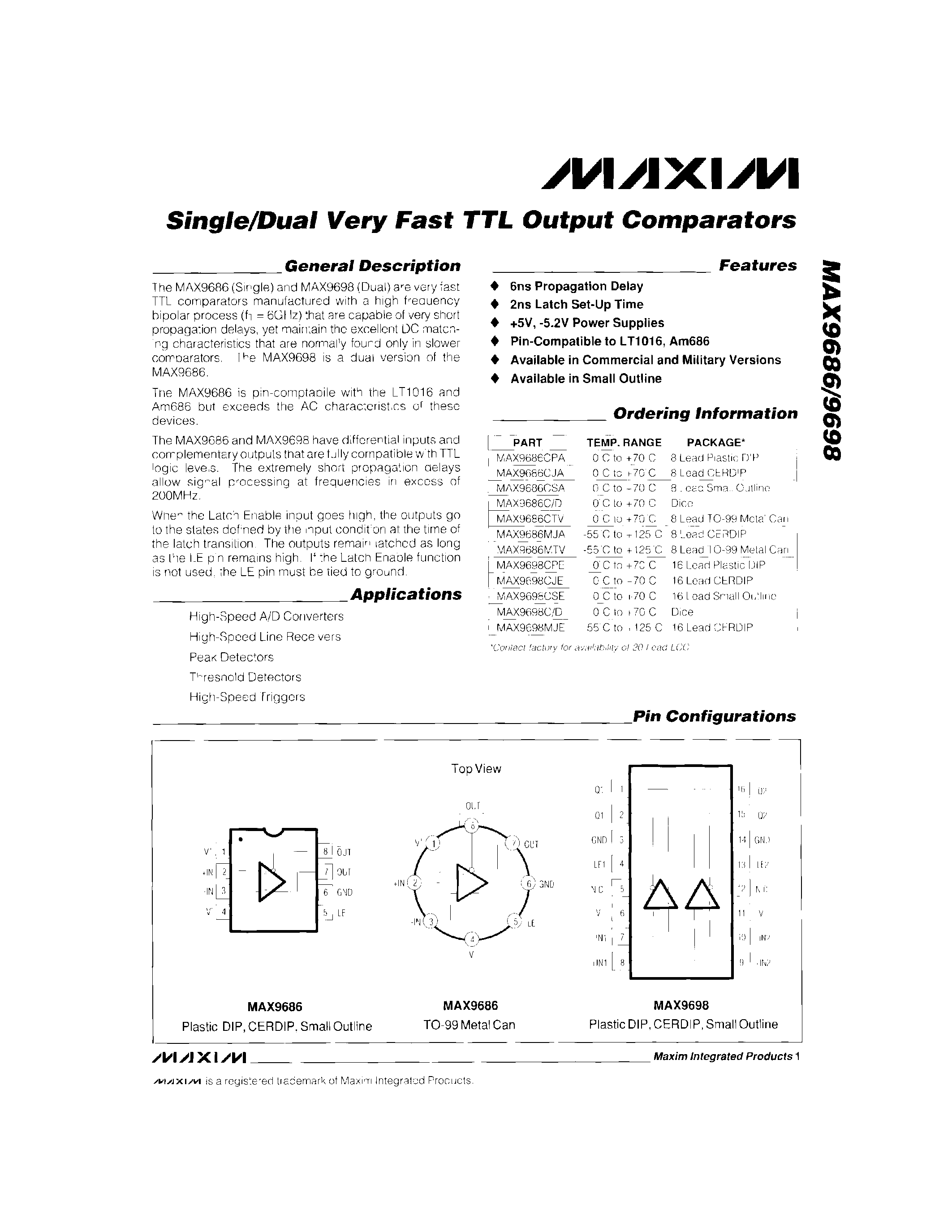 Datasheet MAX9698CPE - Single/Dual Very Fast TTL Output Comparators page 1