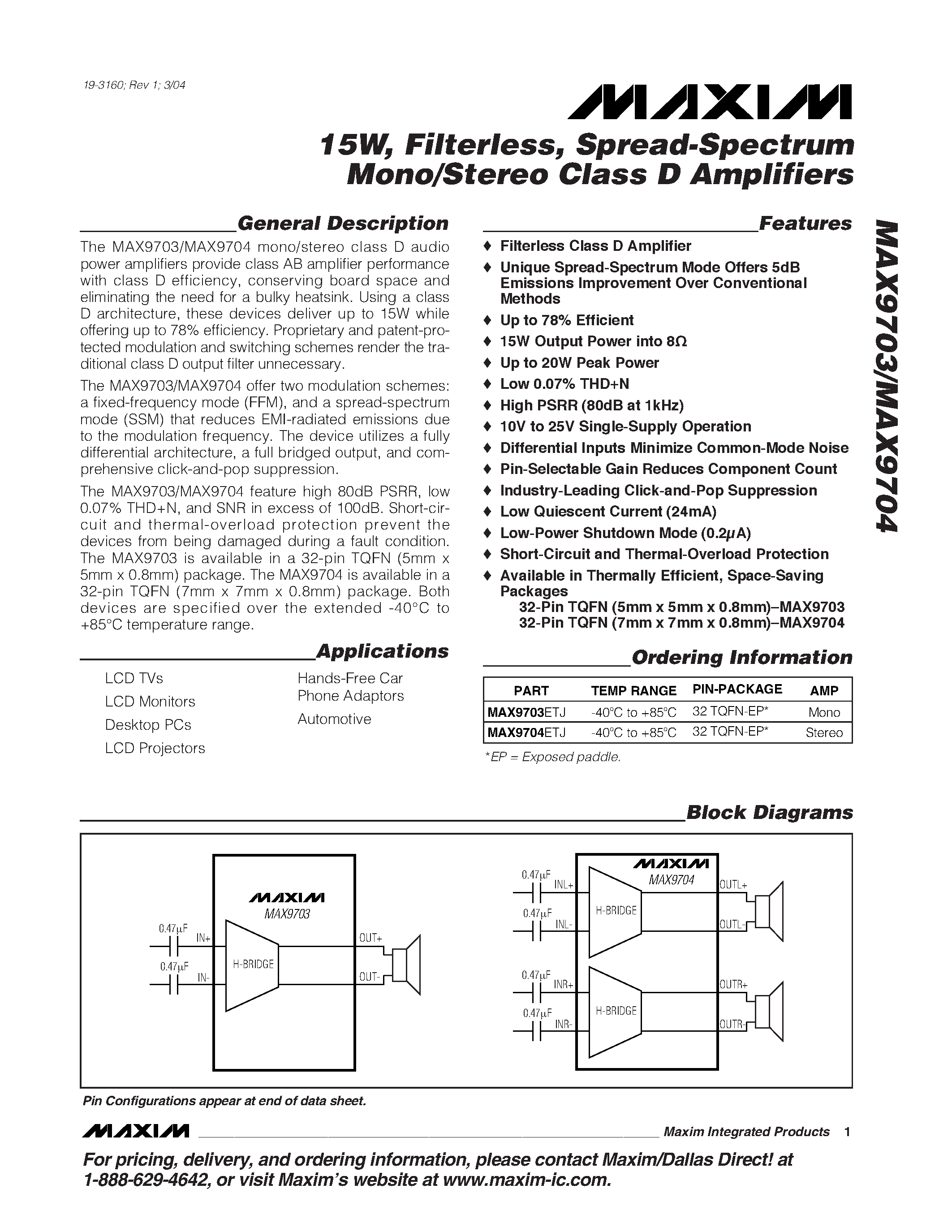 Даташит MAX9704ETJ - 15W / Filterless / Spread-Spectrum Mono/Stereo Class D Amplifiers страница 1
