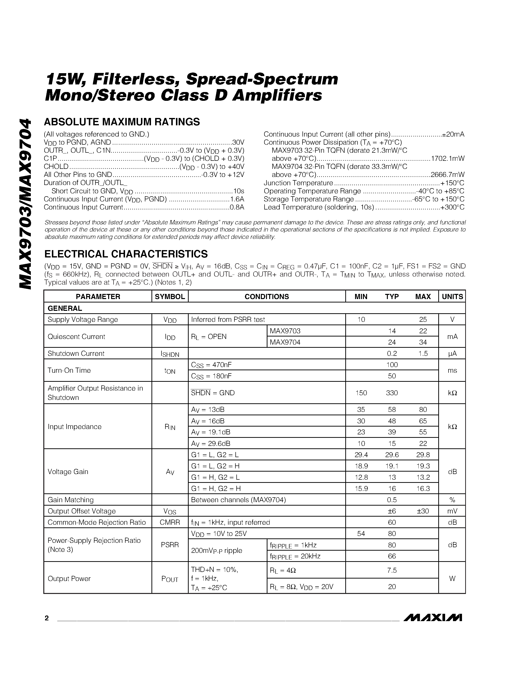 Даташит MAX9704ETJ - 15W / Filterless / Spread-Spectrum Mono/Stereo Class D Amplifiers страница 2